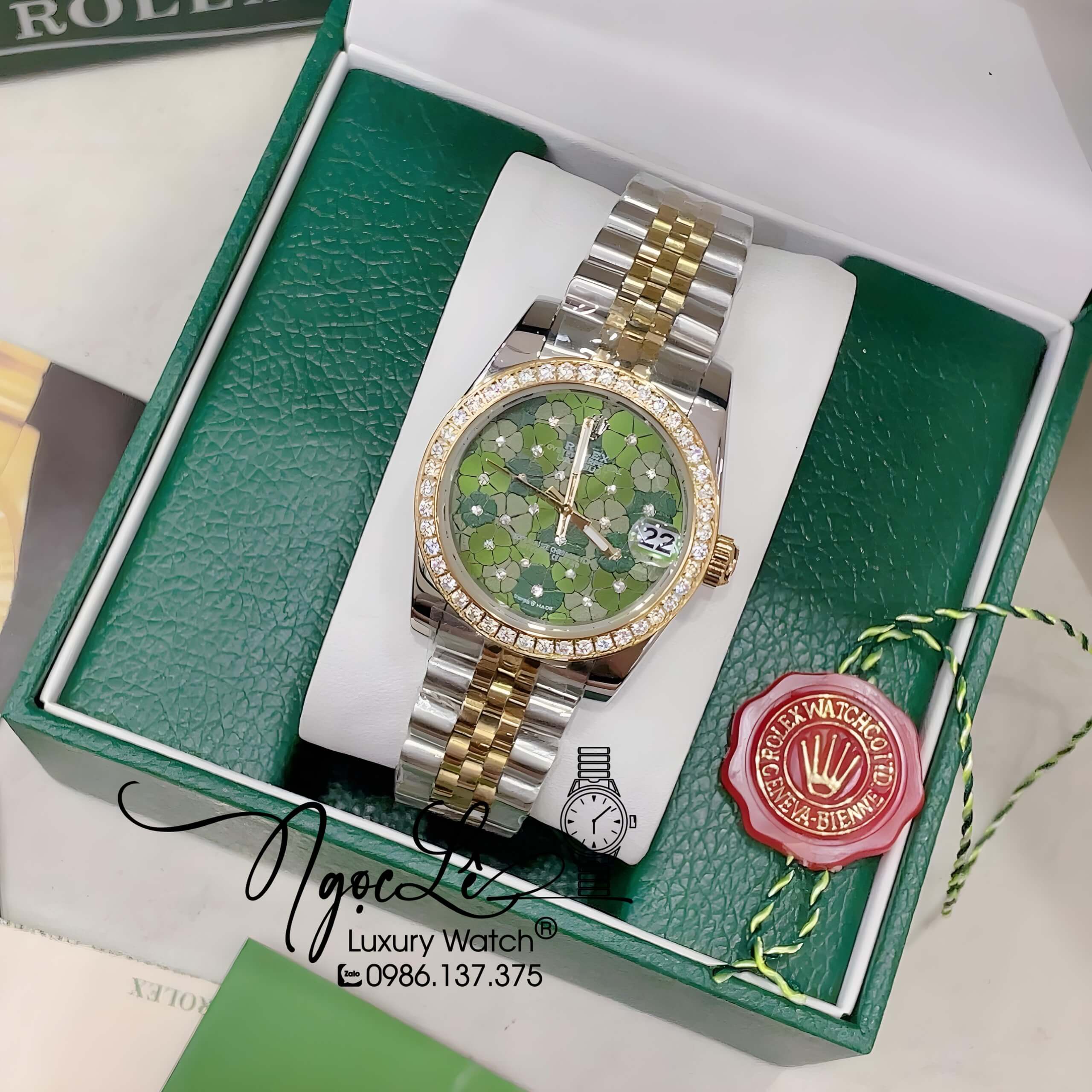 Đồng Hồ Nữ Rolex Datejust Pin Màu Demi Mặt Xanh Olive Họa Tiết Hoa Đính Đá Size 32mm