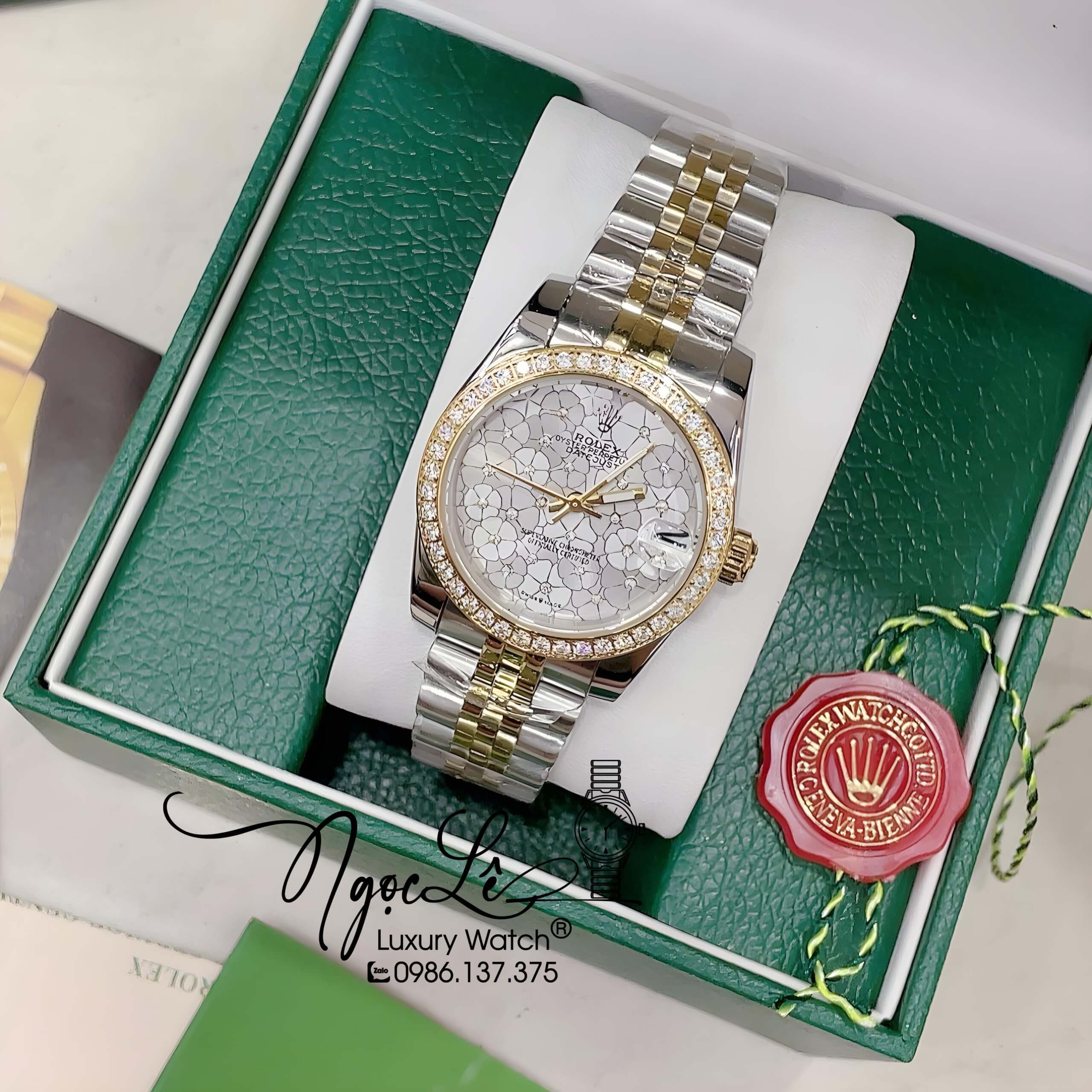 Đồng Hồ Nữ Rolex Datejust Pin Màu Demi Mặt Xám Họa Tiết Hoa Đính Đá Size 32mm