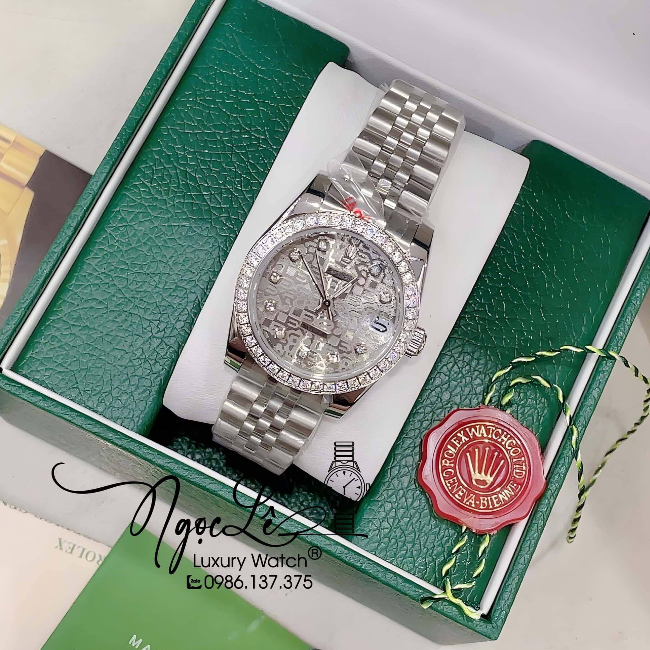 Đồng Hồ Nữ Rolex Datejust Pin Màu Bạc Mặt Xám Vi Tính Đính Đá Size 32mm