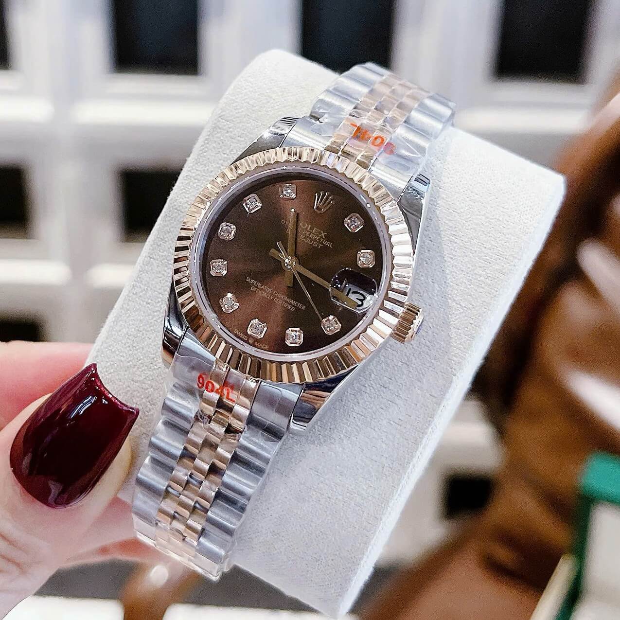 Đồng hồ Rolex Datejust màu demi vàng hồng mặt nâu, đồng hồ Rolex cặp cho nam nữ size 31mm-41mm Quartz