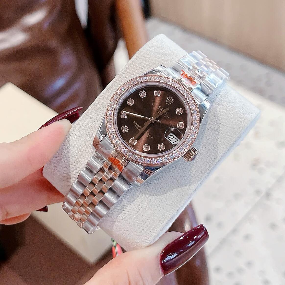 Đồng hồ Rolex Datejust dây demi vàng hồng mặt nâu đính đá, đồng hồ Rolex cặp cho nam nữ size 31mm-41mm Quartz