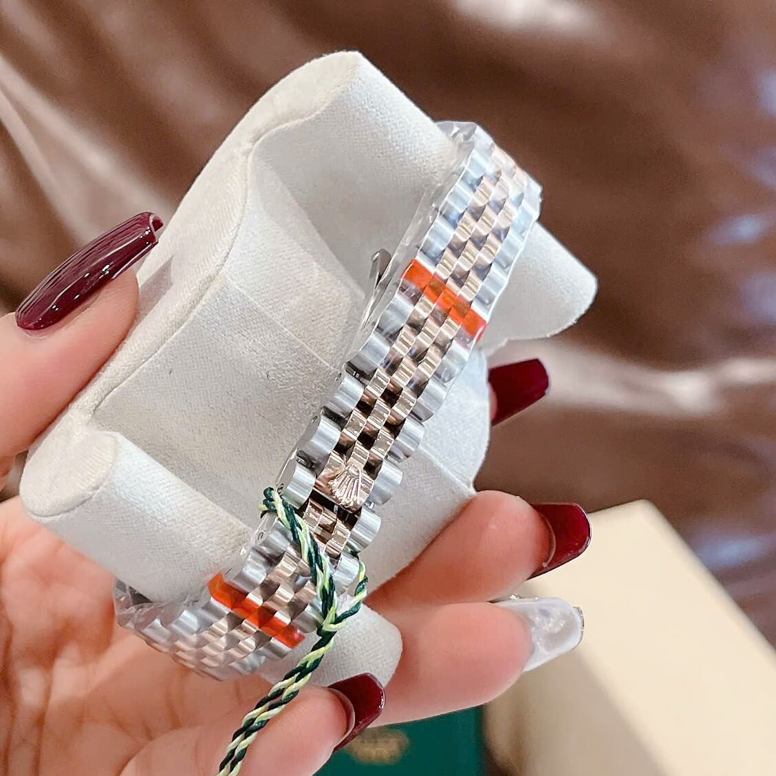 Đồng hồ Rolex Datejust dây demi vàng hồng mặt nâu đính đá, đồng hồ Rolex cặp cho nam nữ size 31mm-41mm Quartz
