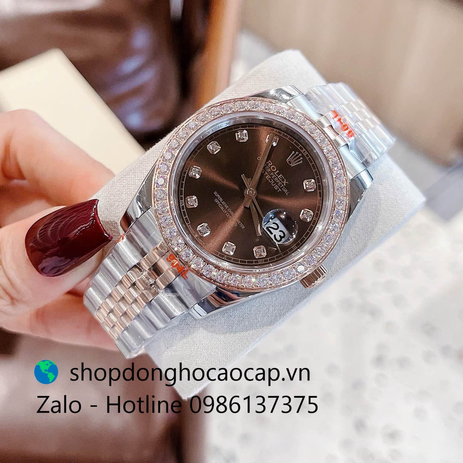 Đồng hồ Rolex Datejust dây demi vàng hồng mặt nâu đính đá, đồng hồ Rolex cặp cho nam nữ size 31mm-41mm Quartz