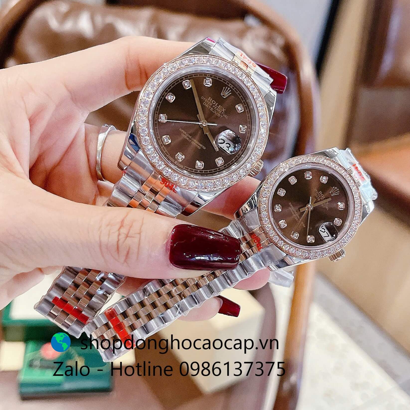 Đồng hồ Rolex Datejust dây demi vàng hồng mặt nâu đính đá, đồng hồ Rolex cặp cho nam nữ size 31mm-41mm Quartz