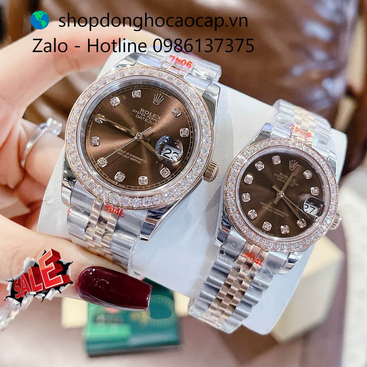 Đồng hồ Rolex Datejust dây demi vàng hồng mặt nâu đính đá, đồng hồ Rolex cặp cho nam nữ size 31mm-41mm Quartz