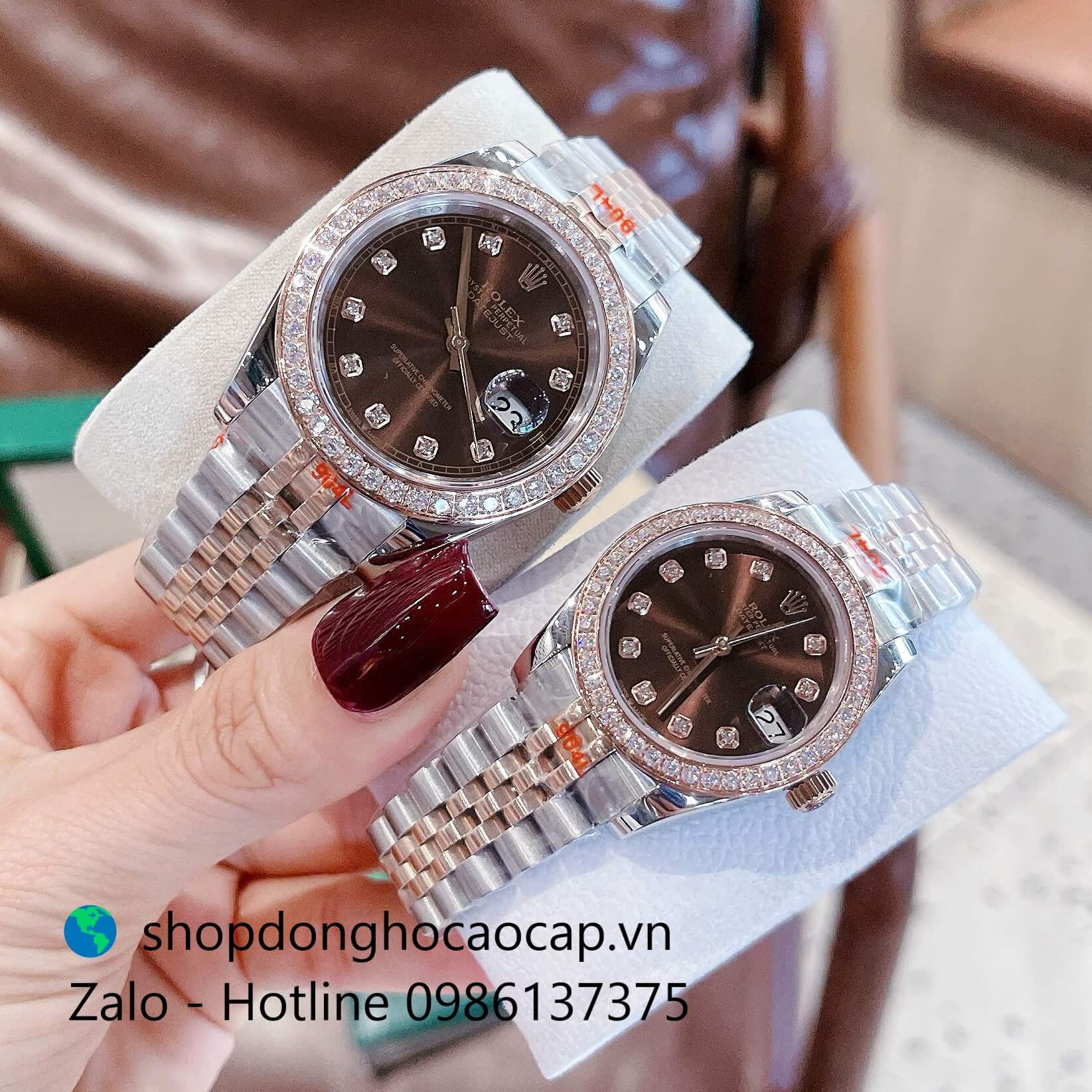 Đồng hồ Rolex Datejust dây demi vàng hồng mặt nâu đính đá, đồng hồ Rolex cặp cho nam nữ size 31mm-41mm Quartz
