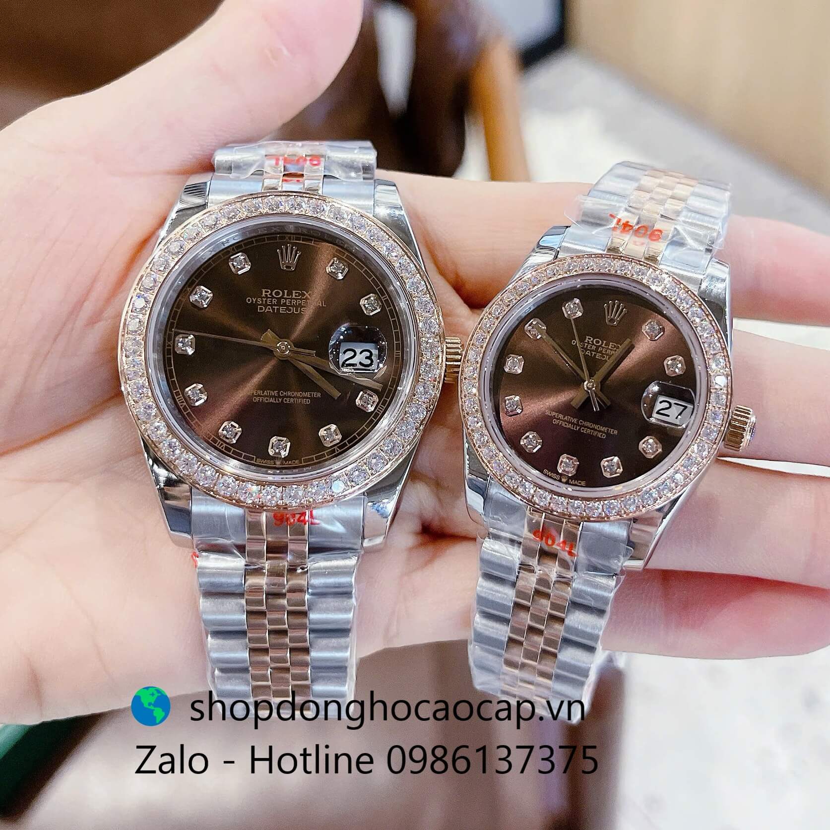 Đồng hồ Rolex Datejust dây demi vàng hồng mặt nâu đính đá, đồng hồ Rolex cặp cho nam nữ size 31mm-41mm Quartz
