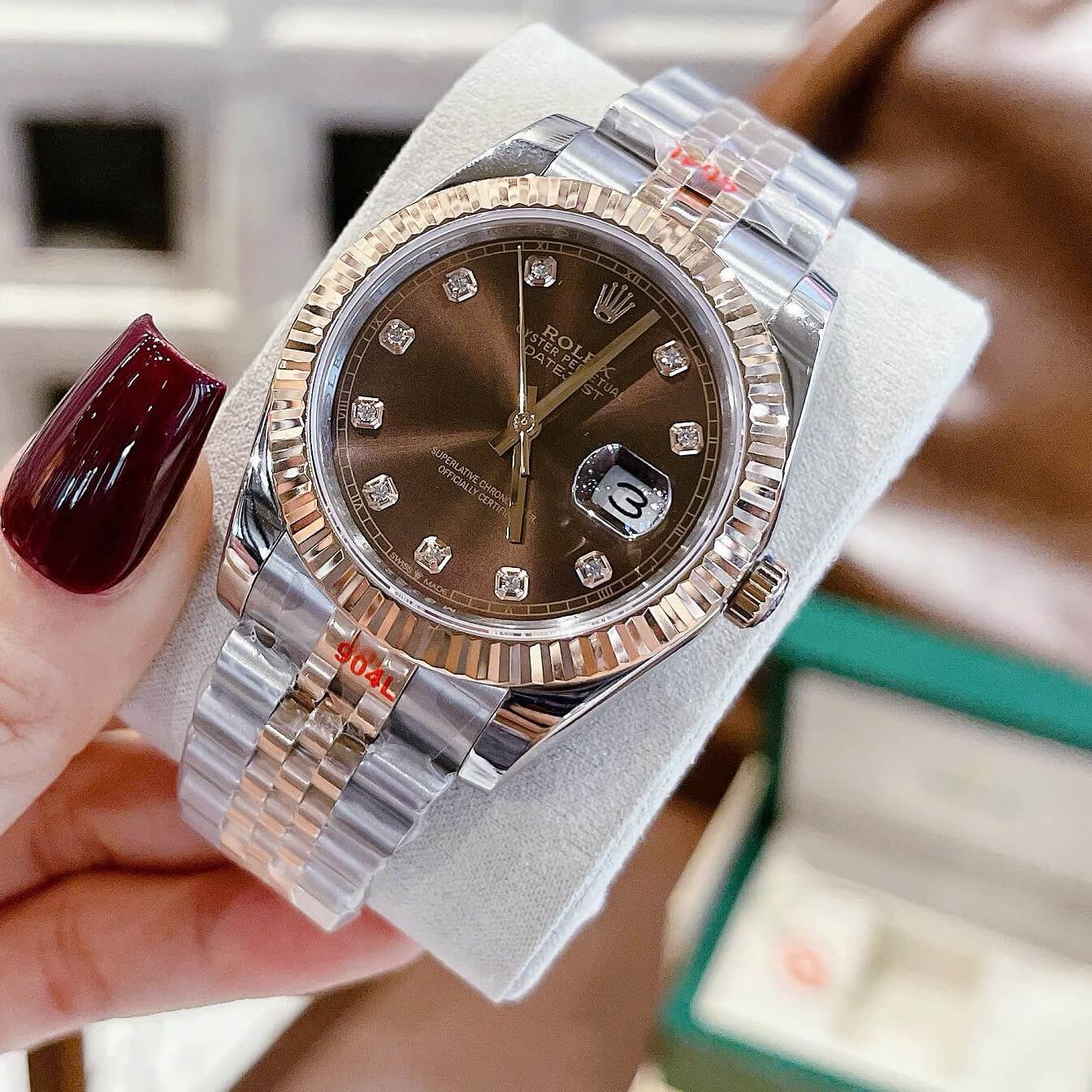Đồng hồ Rolex Datejust màu demi vàng hồng mặt nâu, đồng hồ Rolex cặp cho nam nữ size 31mm-41mm Quartz