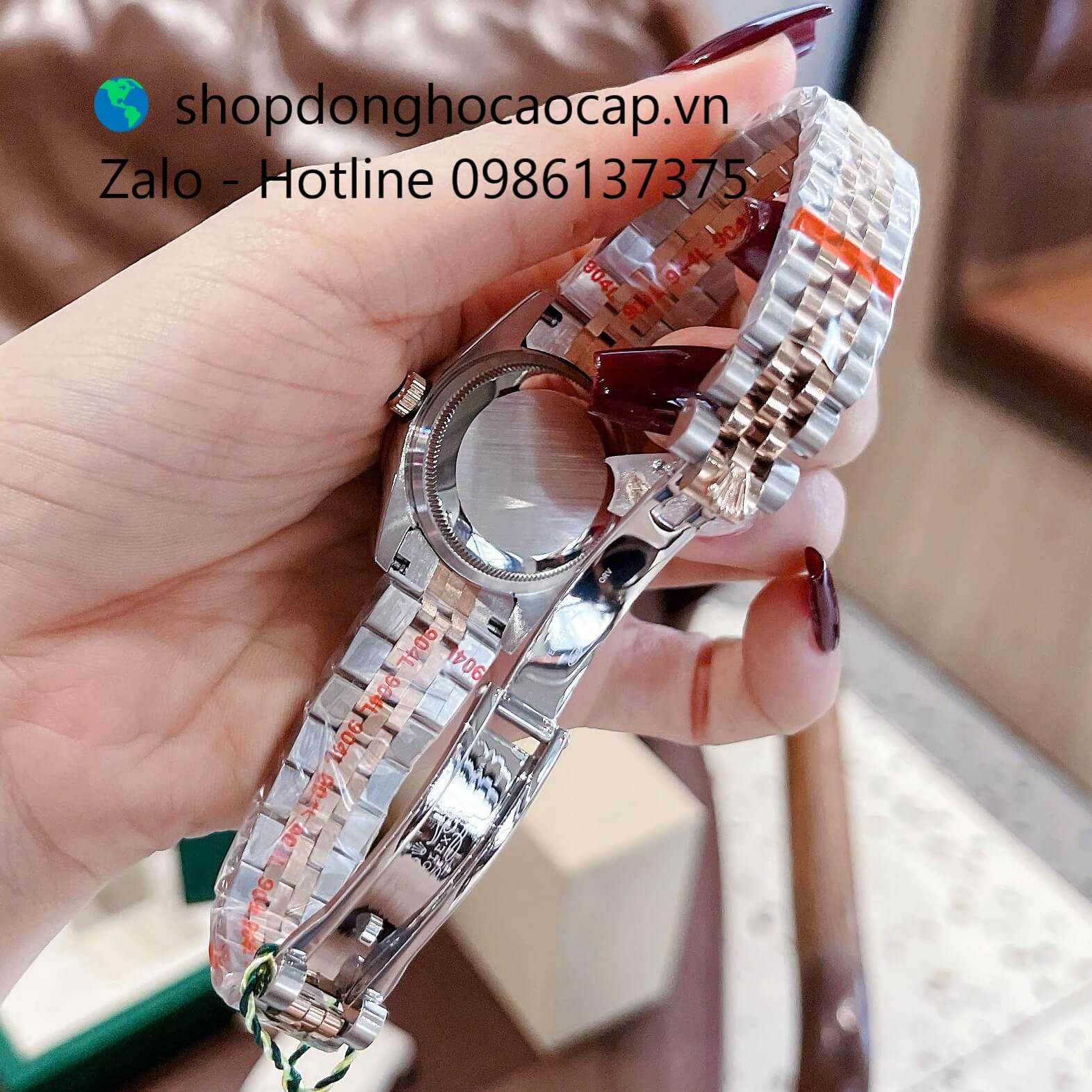 Đồng hồ Rolex Datejust dây demi vàng hồng mặt nâu đính đá, đồng hồ Rolex cặp cho nam nữ size 31mm-41mm Quartz