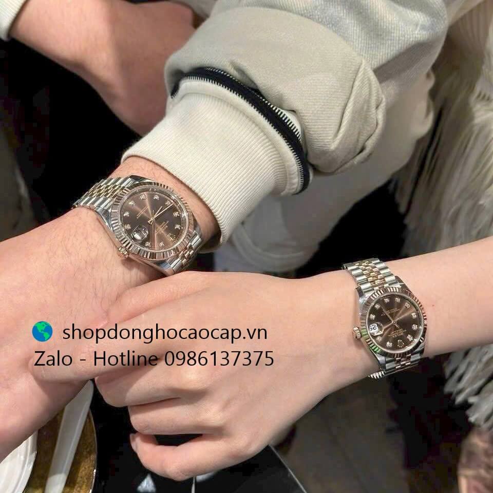 Đồng hồ Rolex Datejust màu demi vàng hồng mặt nâu, đồng hồ Rolex cặp cho nam nữ size 31mm-41mm Quartz