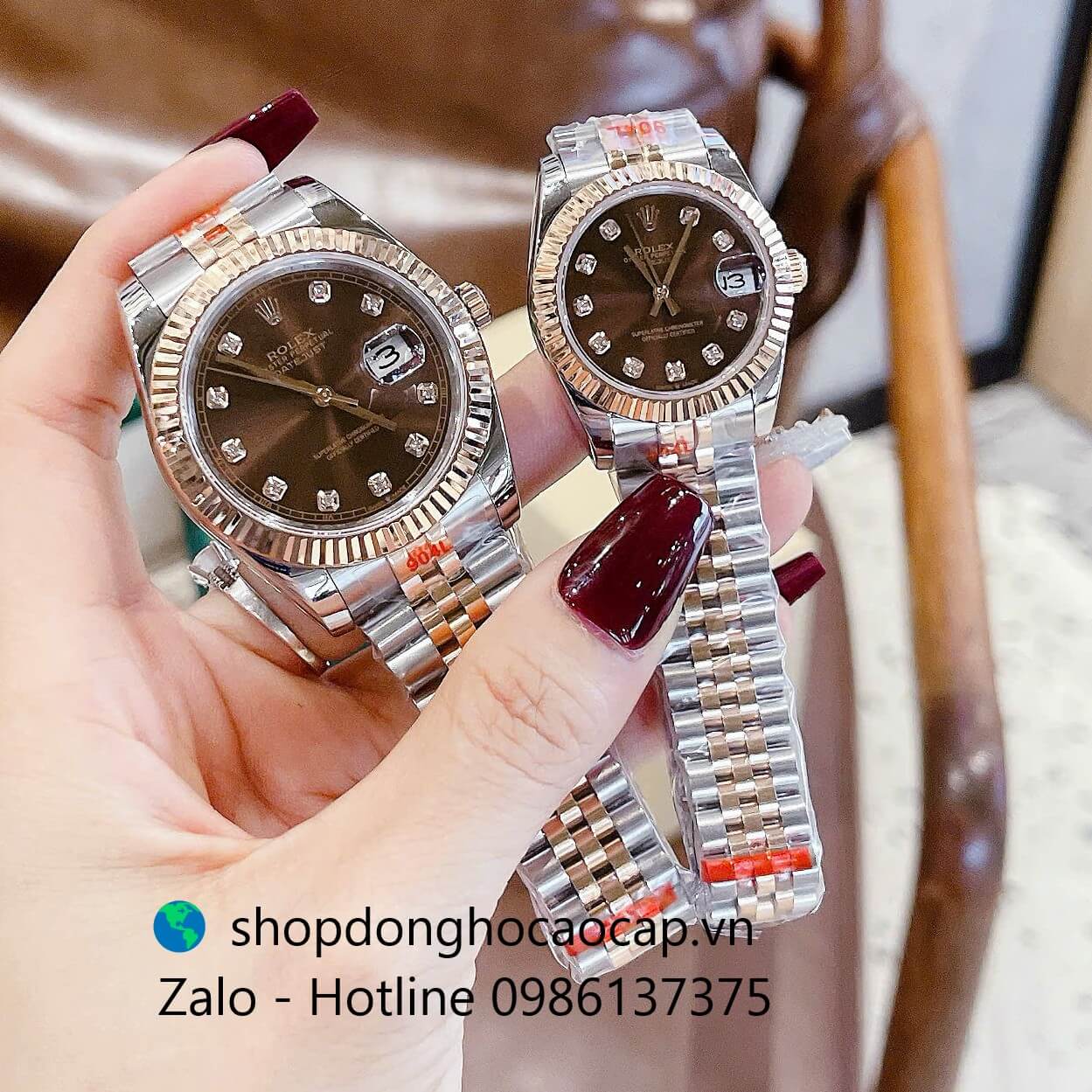 Đồng hồ Rolex Datejust dây demi vàng hồng mặt nâu, đồng hồ Rolex cặp cho nam nữ size 31mm-41mm Quartz