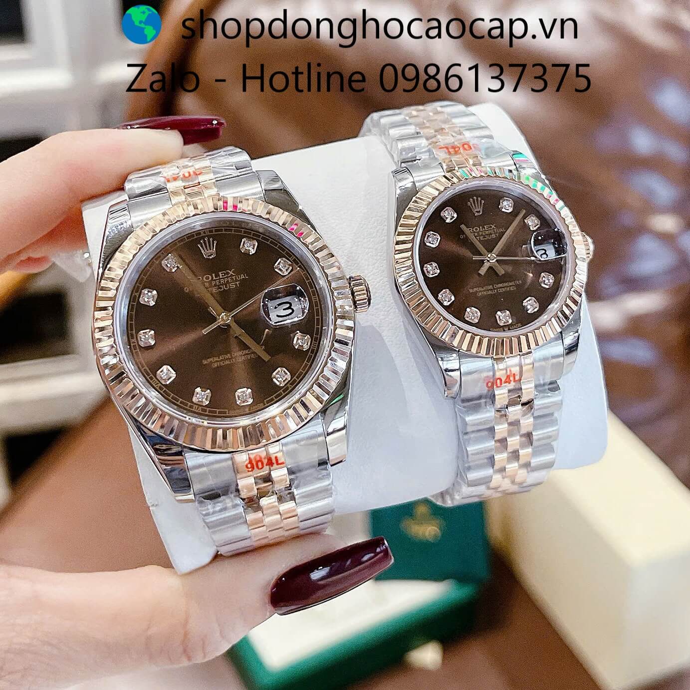 Đồng hồ Rolex Datejust màu demi vàng hồng mặt nâu, đồng hồ Rolex cặp cho nam nữ size 31mm-41mm Quartz