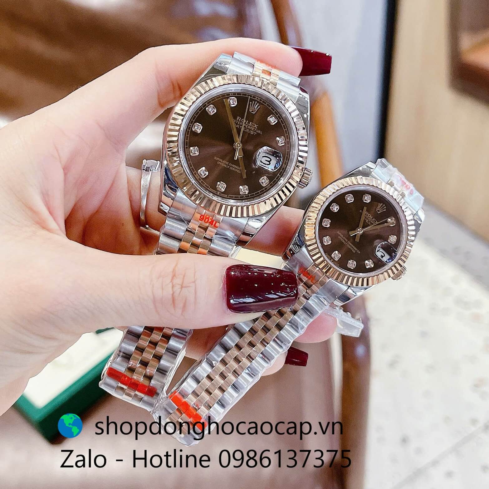 Đồng hồ Rolex Datejust màu demi vàng hồng mặt nâu, đồng hồ Rolex cặp cho nam nữ size 31mm-41mm Quartz