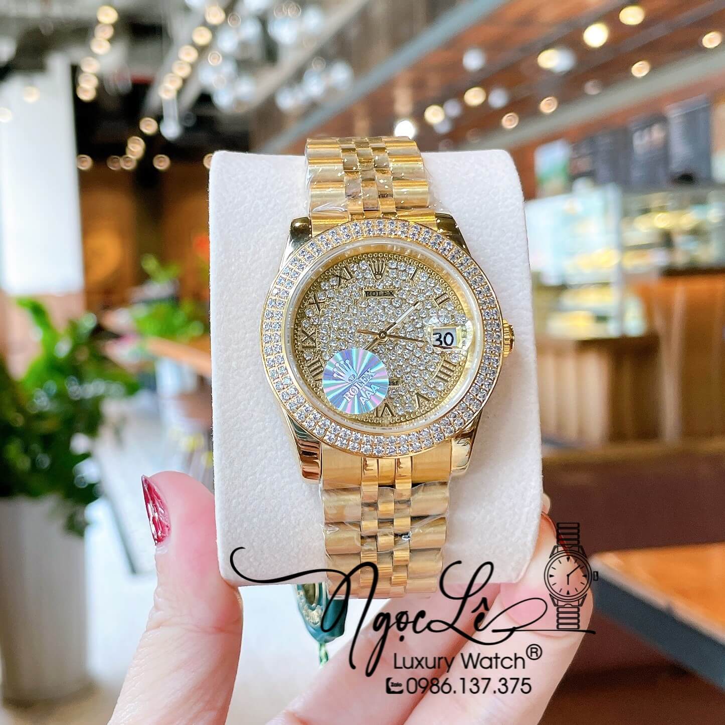 Đồng Hồ Rolex Datejust Pin Dây Kim Loại Vàng Mặt Đính Đá Size 38mm Unisex