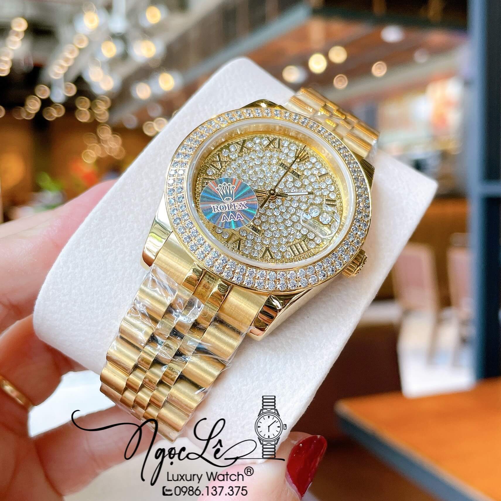 Đồng Hồ Rolex Datejust Pin Dây Kim Loại Vàng Mặt Đính Đá Size 38mm Unisex