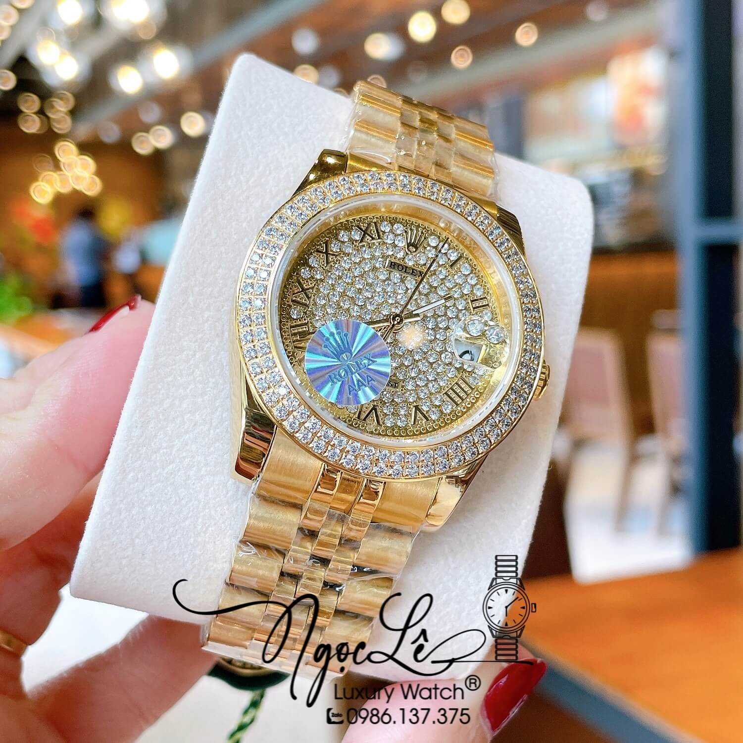 Đồng Hồ Rolex Datejust Pin Dây Kim Loại Vàng Mặt Đính Đá Size 38mm Unisex