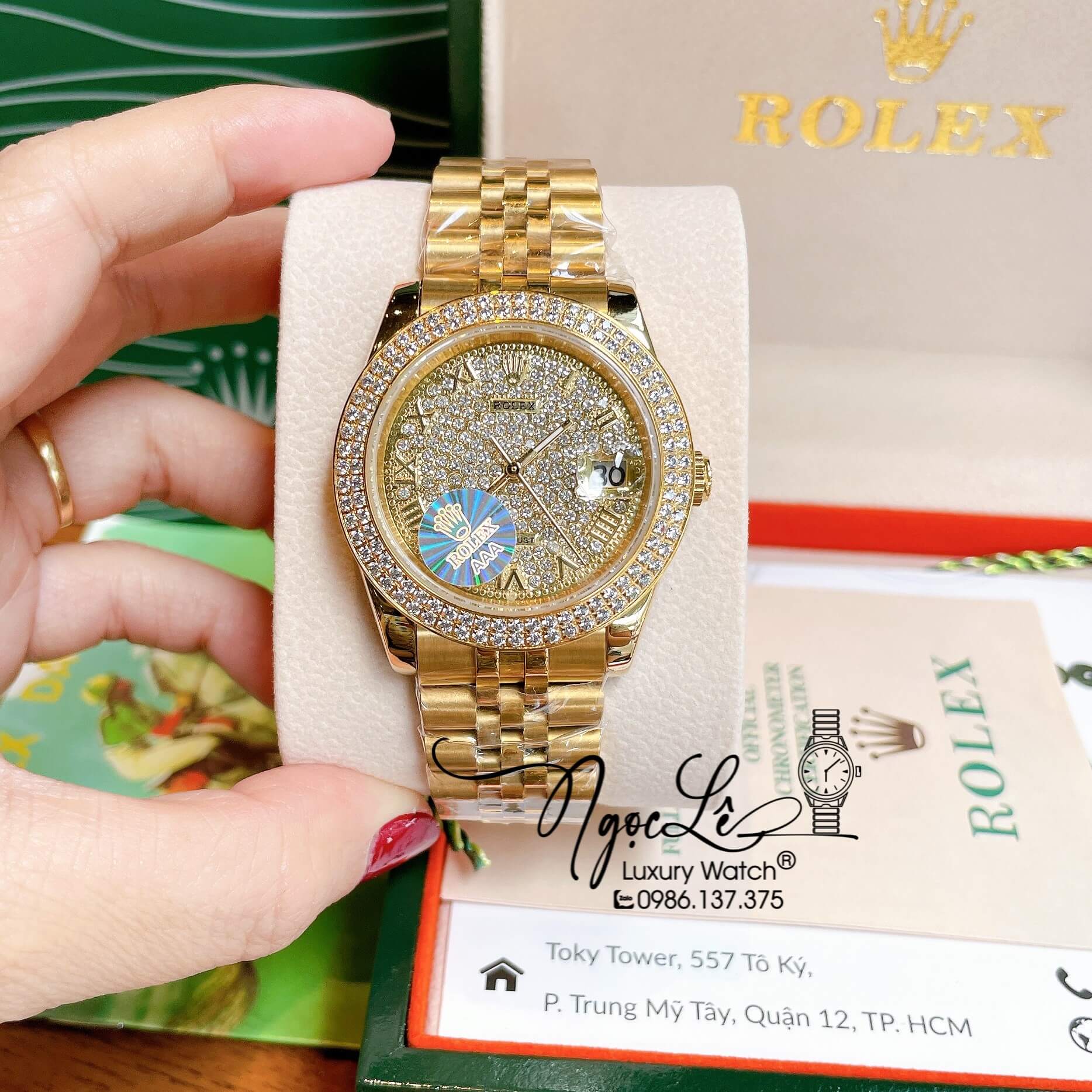 Đồng Hồ Rolex Datejust Pin Dây Kim Loại Vàng Mặt Đính Đá Size 38mm Unisex