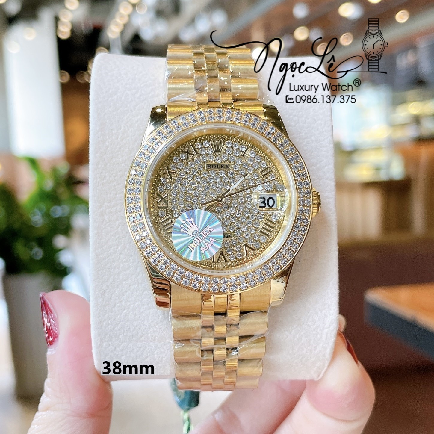 Đồng Hồ Rolex Datejust Pin Dây Kim Loại Vàng Mặt Đính Đá Size 38mm Unisex
