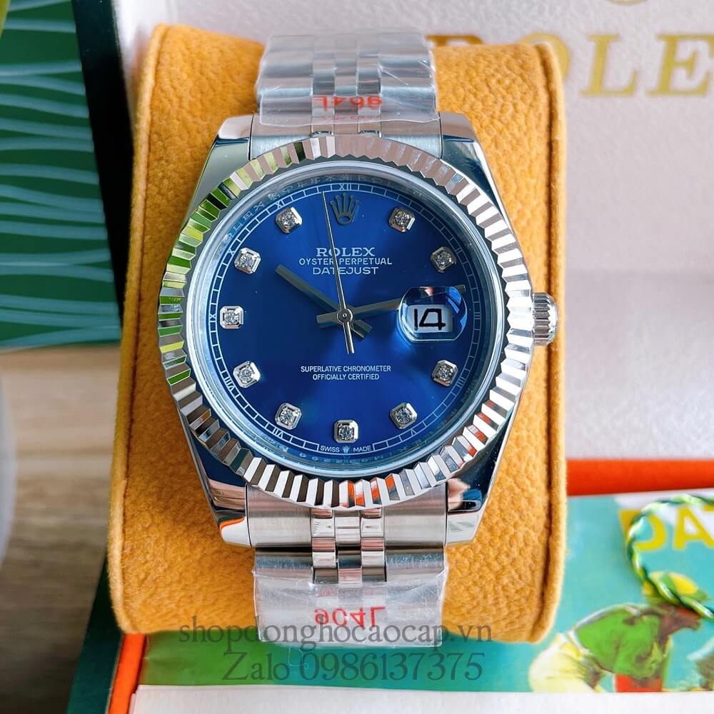 Đồng Hồ Rolex Datejust Nam Automatic (Tự Động) Viền Khía Mặt Xanh Dương Silver 41mm