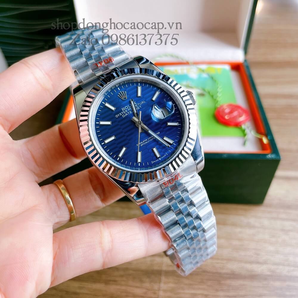 Đồng Hồ Rolex Datejust Nam Automatic (Tự Động) Viền Khía Mặt Xanh Dương Silver 41mm