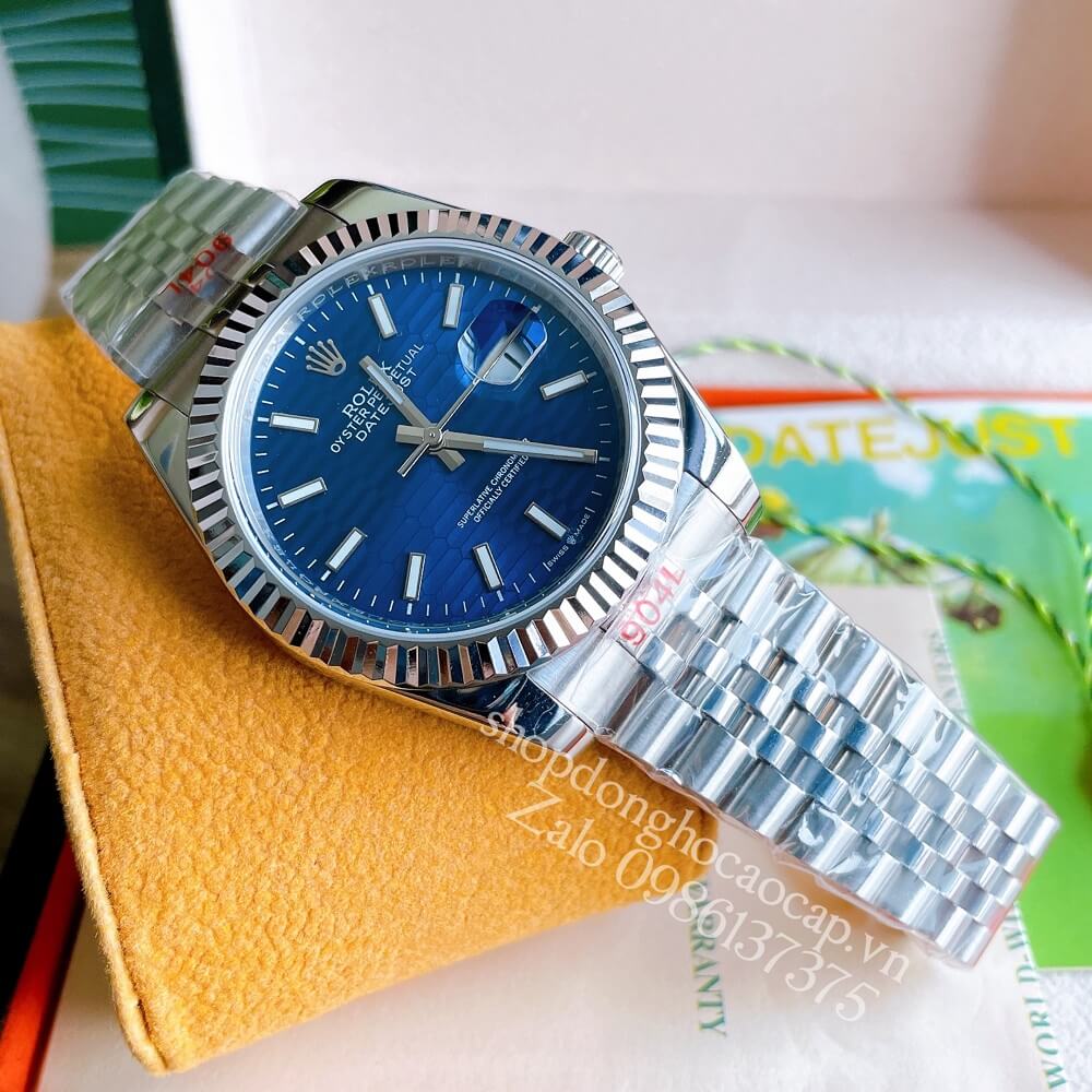 Đồng Hồ Rolex Datejust Nam Automatic (Tự Động) Viền Khía Mặt Xanh Dương Silver 41mm