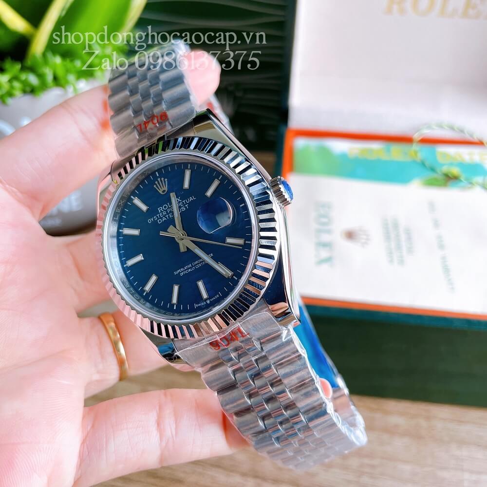 Đồng Hồ Rolex Datejust Nam Automatic (Tự Động) Viền Khía Mặt Xanh Dương Silver 41mm