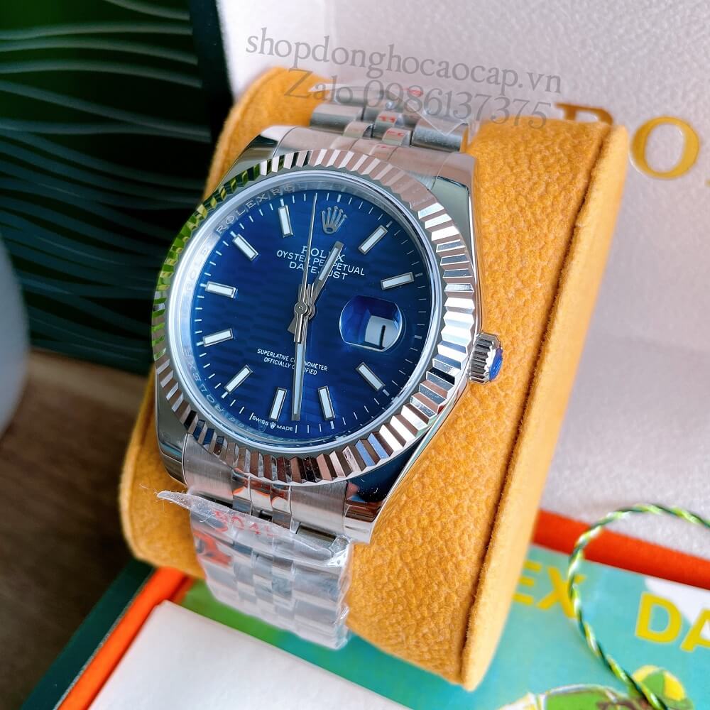 Đồng Hồ Rolex Datejust Nam Automatic (Tự Động) Viền Khía Mặt Xanh Dương Silver 41mm