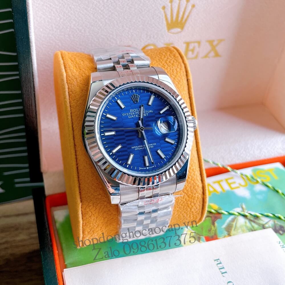 Đồng Hồ Rolex Datejust Nam Automatic (Tự Động) Viền Khía Mặt Xanh Dương Silver 41mm