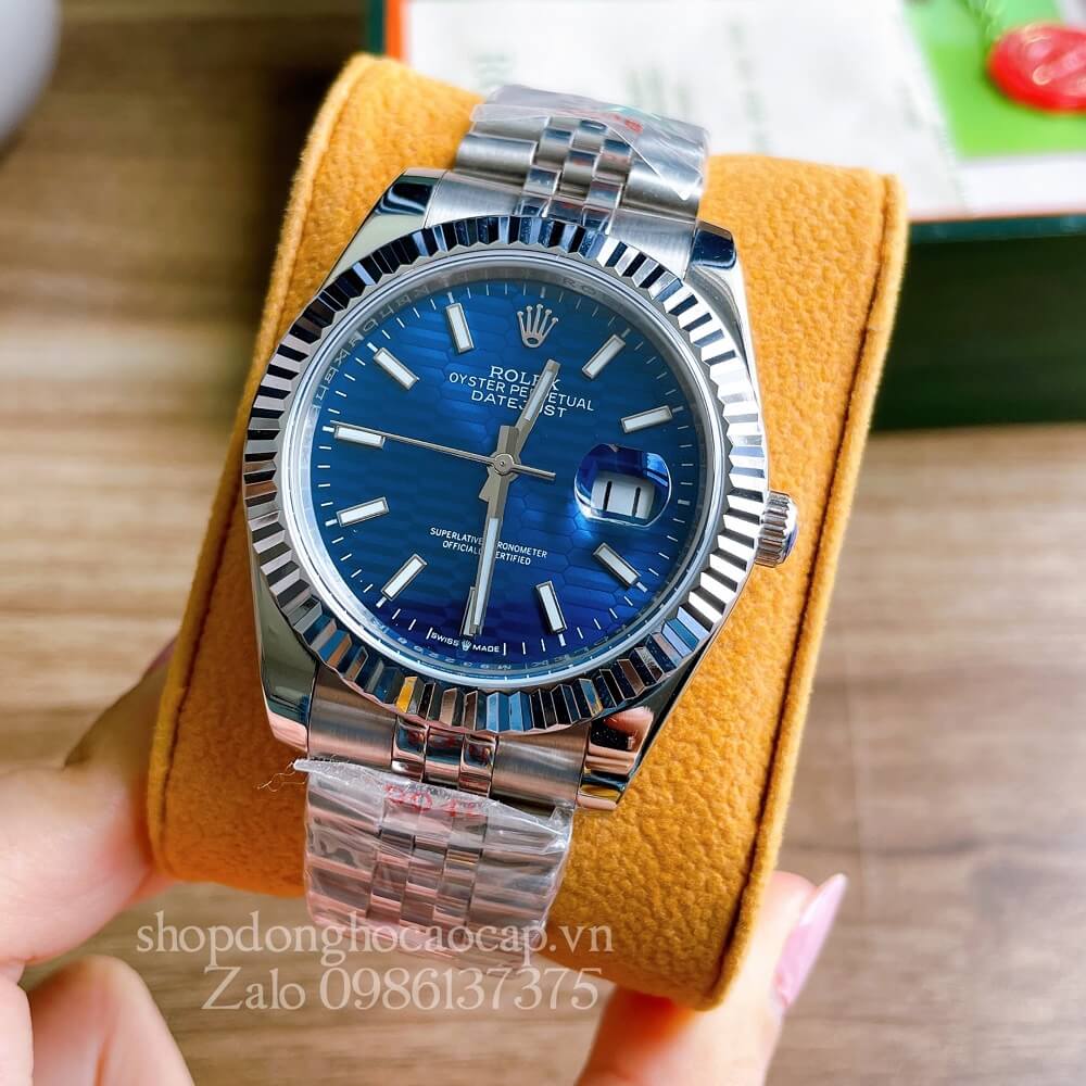 Đồng Hồ Rolex Datejust Nam Automatic (Tự Động) Viền Khía Mặt Xanh Dương Silver 41mm