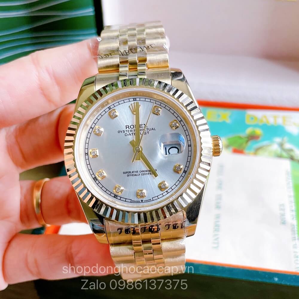 Đồng Hồ Rolex Datejust Nam Automatic (Tự Động) Viền Khía Vàng Mặt Trắng 41mm