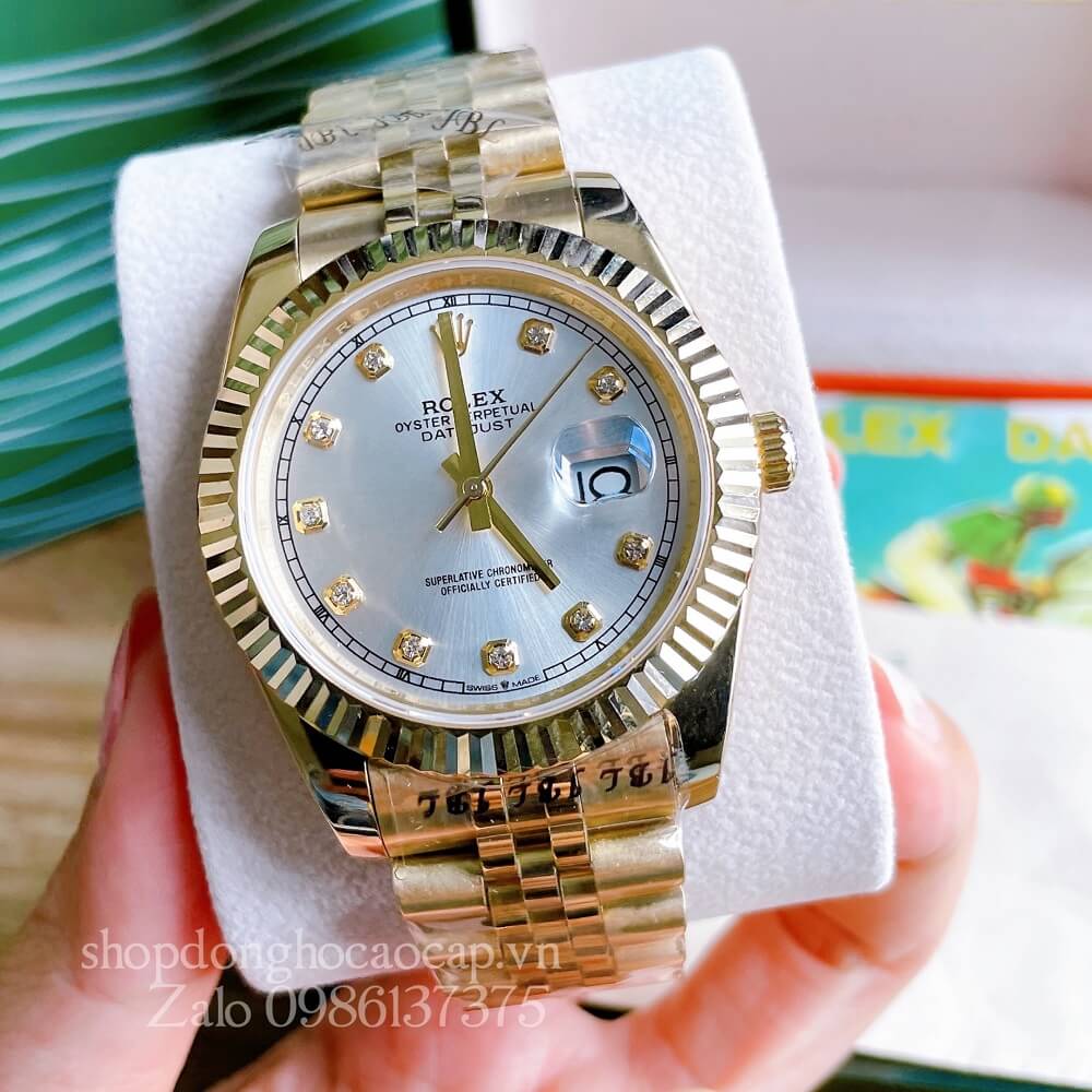Đồng Hồ Rolex Datejust Nam Automatic (Tự Động) Viền Khía Vàng Mặt Trắng 41mm