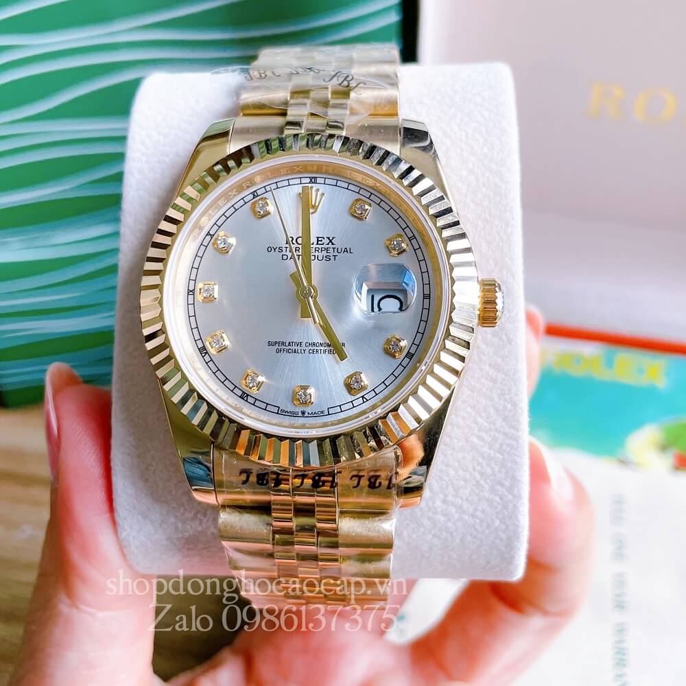 Đồng Hồ Rolex Datejust Nam Automatic (Tự Động) Viền Khía Vàng Mặt Trắng 41mm