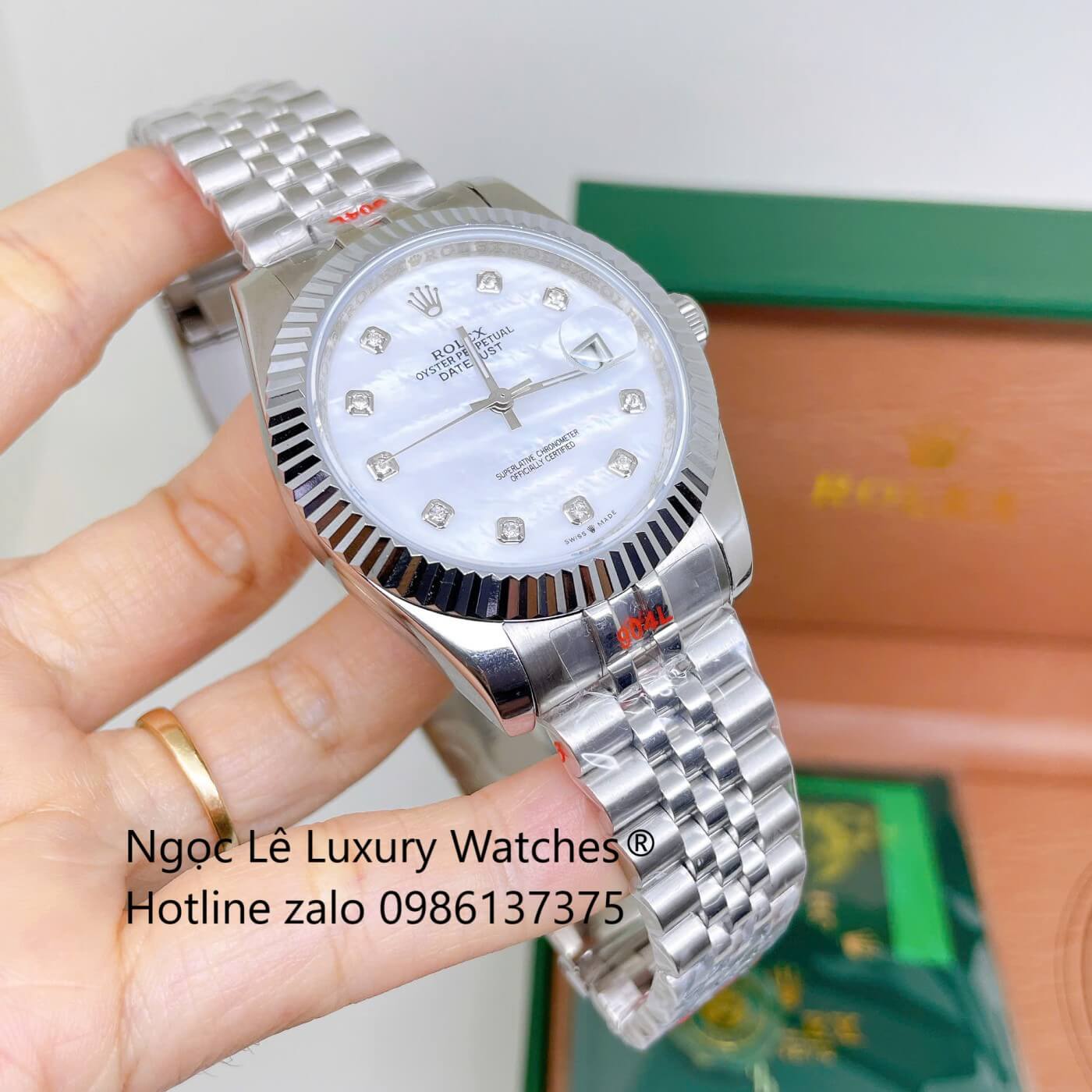 Đồng Hồ Cặp Rolex Datejust Dây Thép Bạc Mặt Xà Cừ Size 31mm - 41mm Quartz Niềng Khía