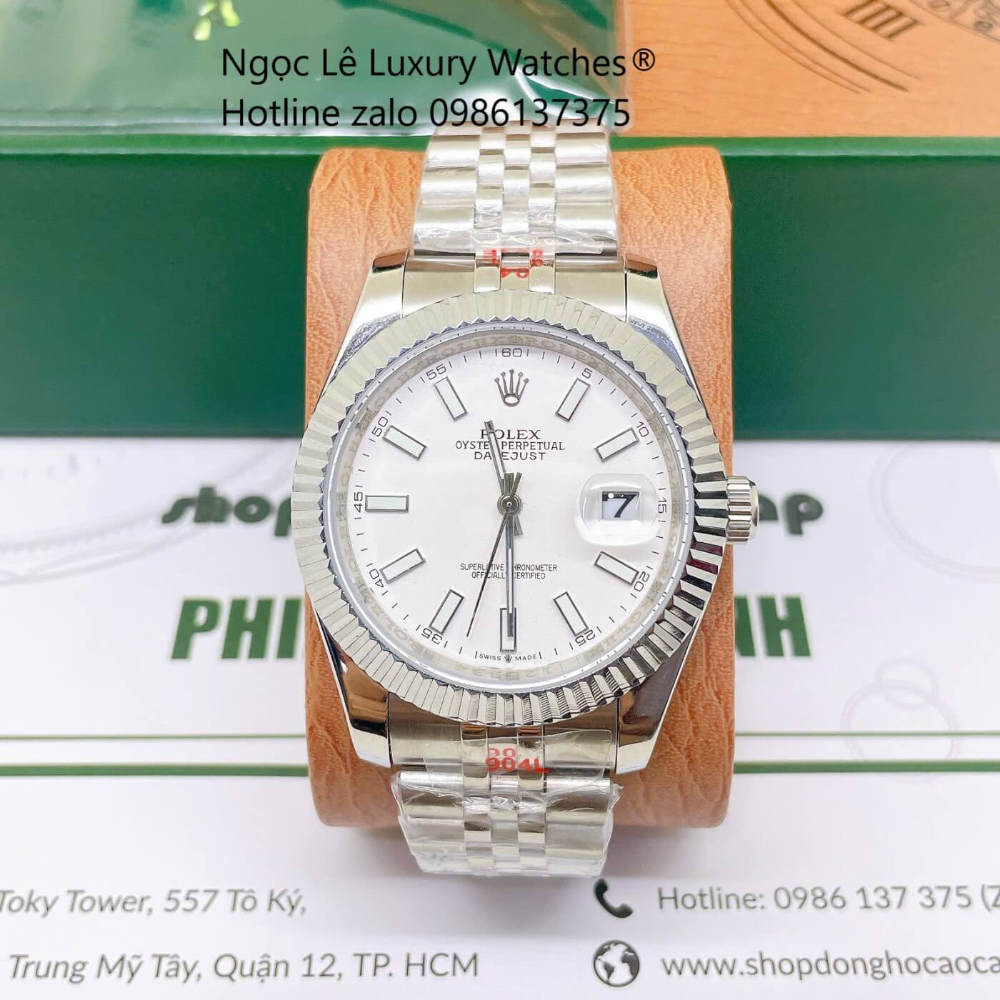 Đồng Hồ Rolex Datejust Nam Dây Thép Bạc Mặt Trắng Size 41mm Quartz - Niềng Khía Vạch Phản Quang