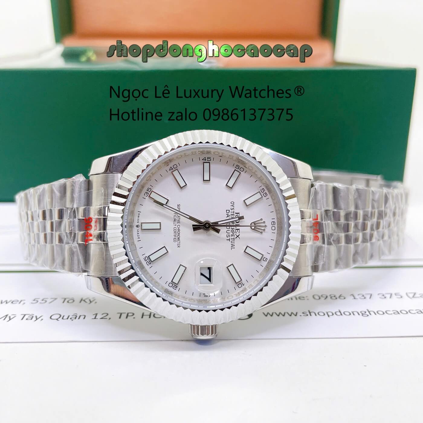 Đồng Hồ Rolex Datejust Nam Dây Thép Bạc Mặt Trắng Size 41mm Quartz - Niềng Khía Vạch Phản Quang