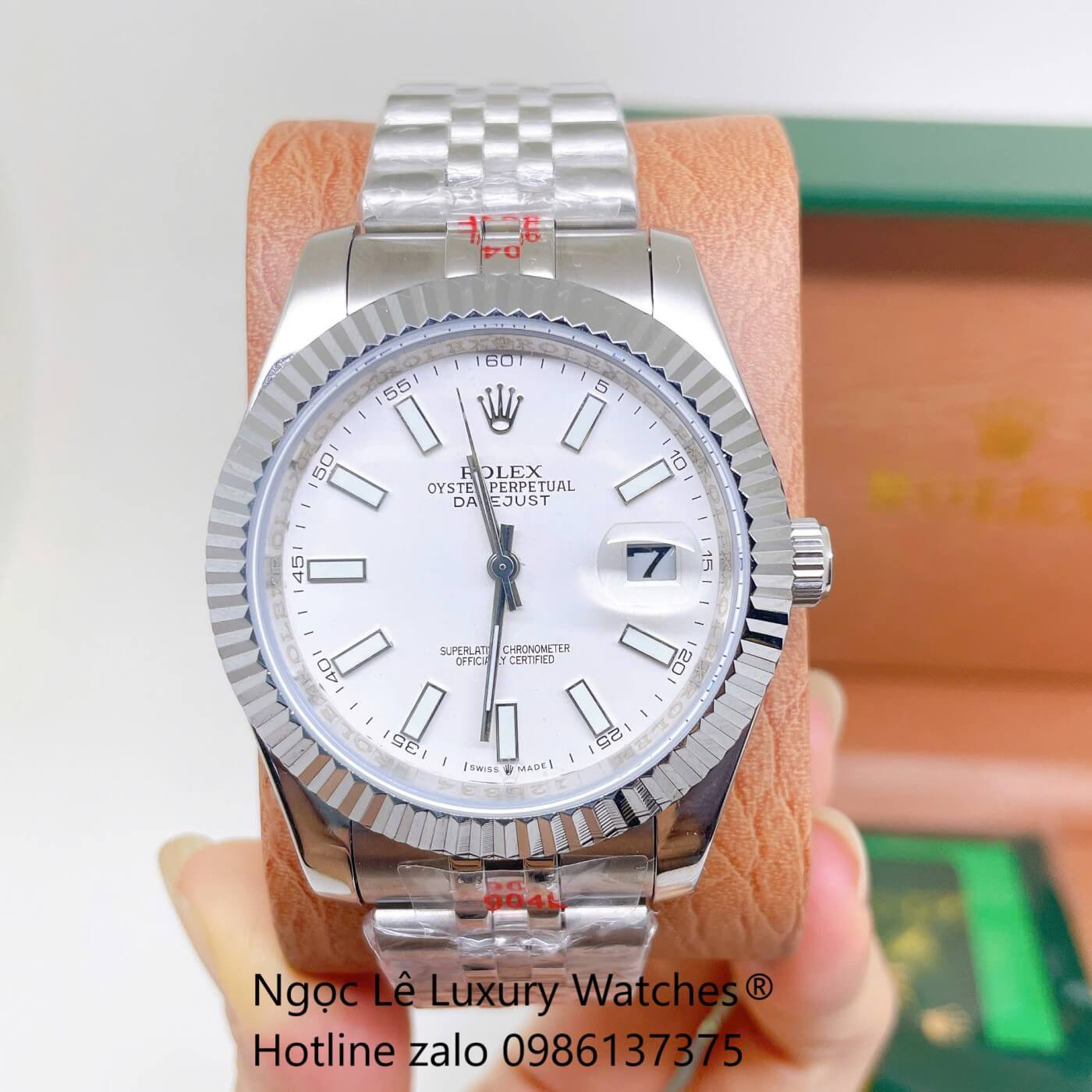 Đồng Hồ Rolex Datejust Nam Dây Thép Bạc Mặt Trắng Size 41mm Quartz - Niềng Khía Vạch Phản Quang
