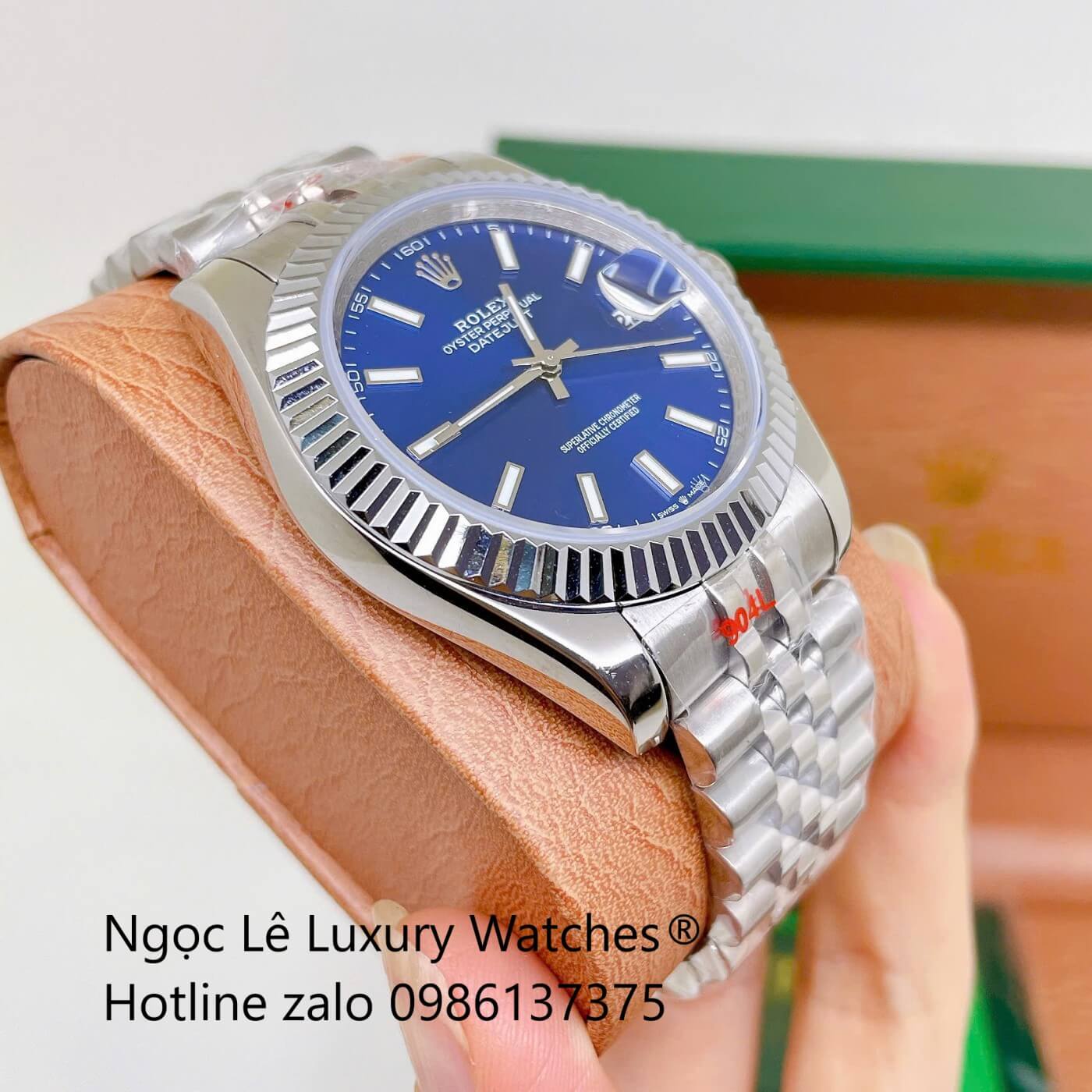 Đồng Hồ Rolex Datejust Nam Dây Thép Bạc Mặt Xanh Dương Size 41mm Quartz - Niềng Khía Vạch Phản Quang