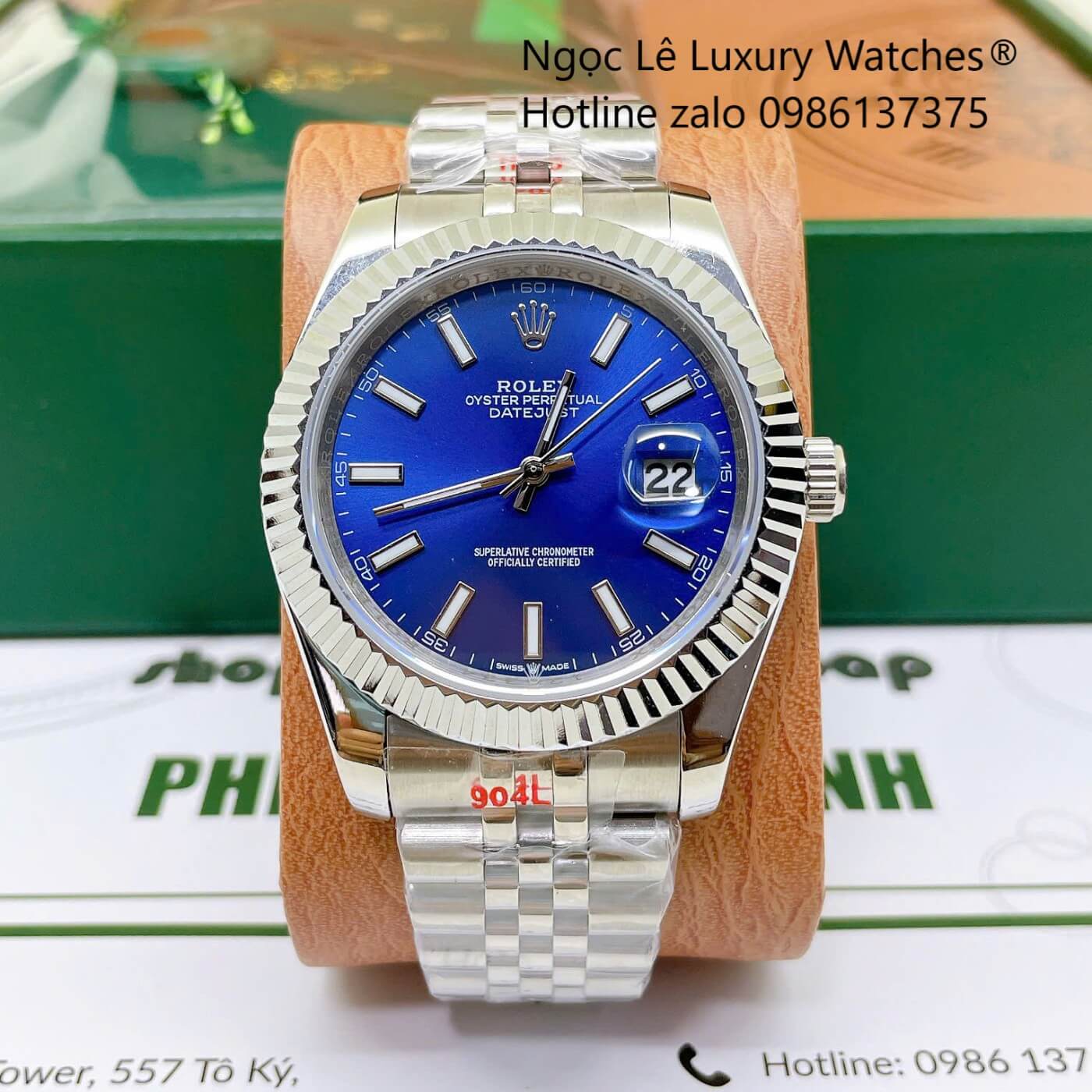 Đồng Hồ Rolex Datejust Nam Dây Thép Bạc Mặt Xanh Dương Size 41mm Quartz - Niềng Khía Vạch Phản Quang