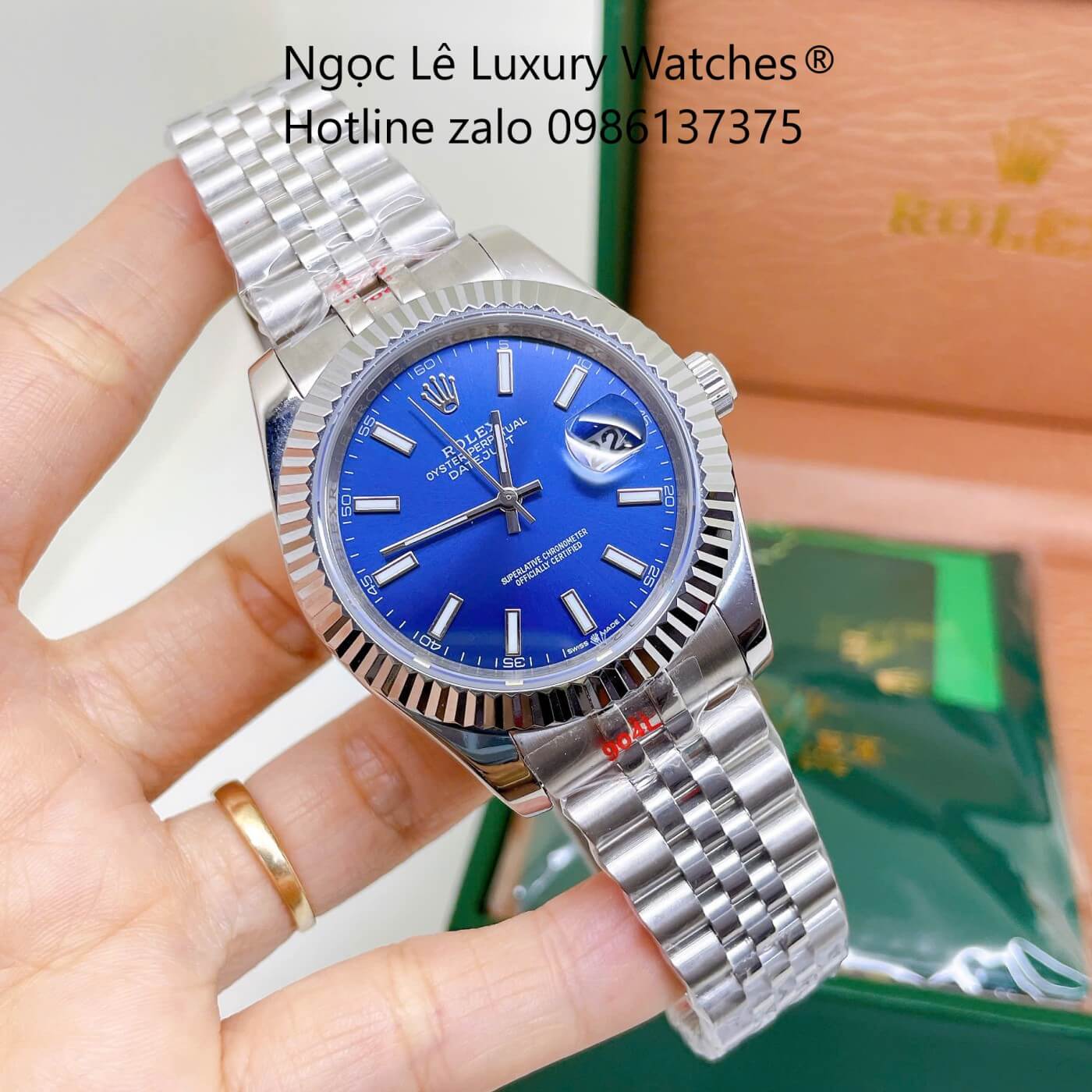 Đồng Hồ Rolex Datejust Nam Dây Thép Bạc Mặt Xanh Dương Size 41mm Quartz - Niềng Khía Vạch Phản Quang