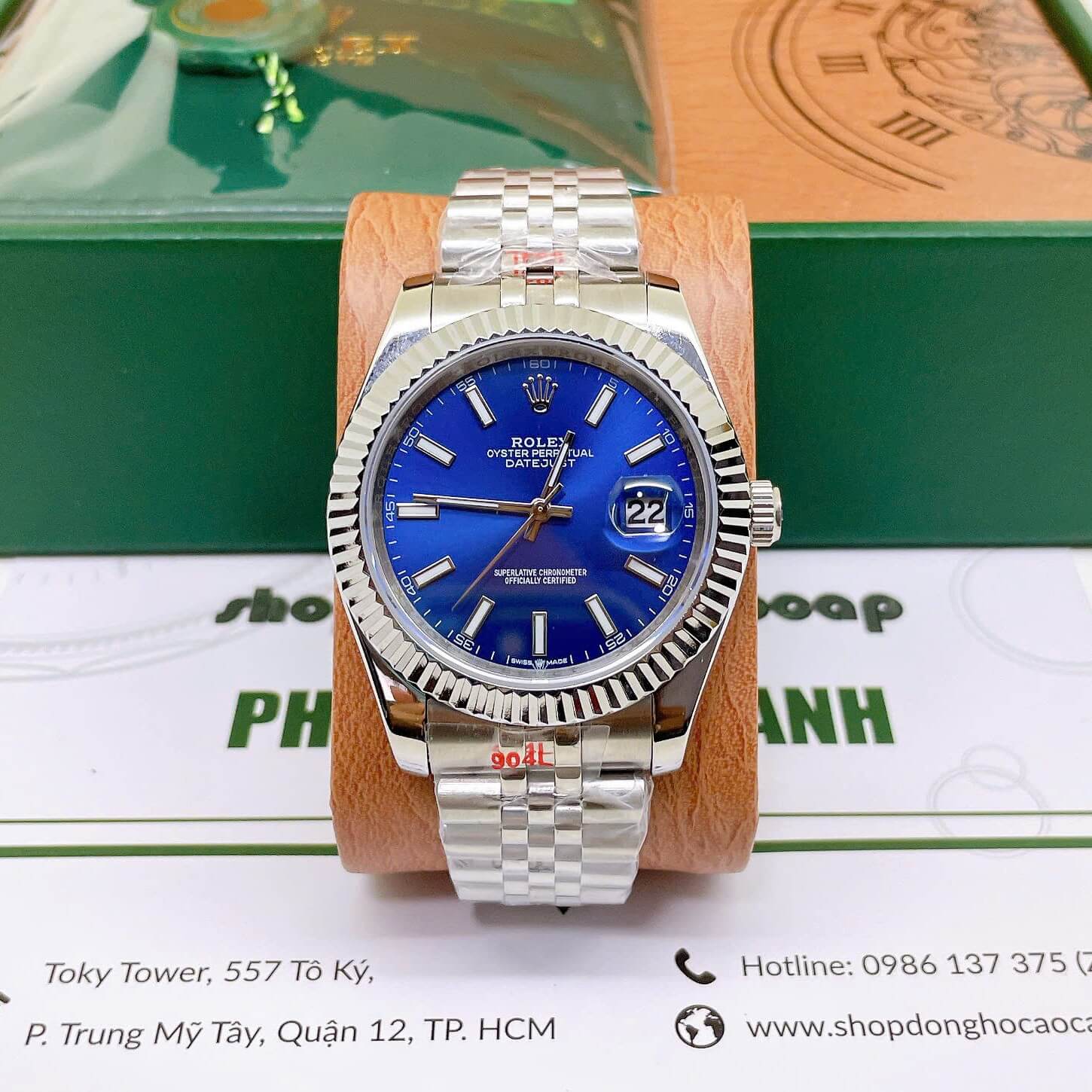 Đồng Hồ Cặp Rolex Datejust Dây Thép Bạc Mặt Xanh Dương Size 31mm - 41mm Quartz Niềng Khía Vạch Phản Quang