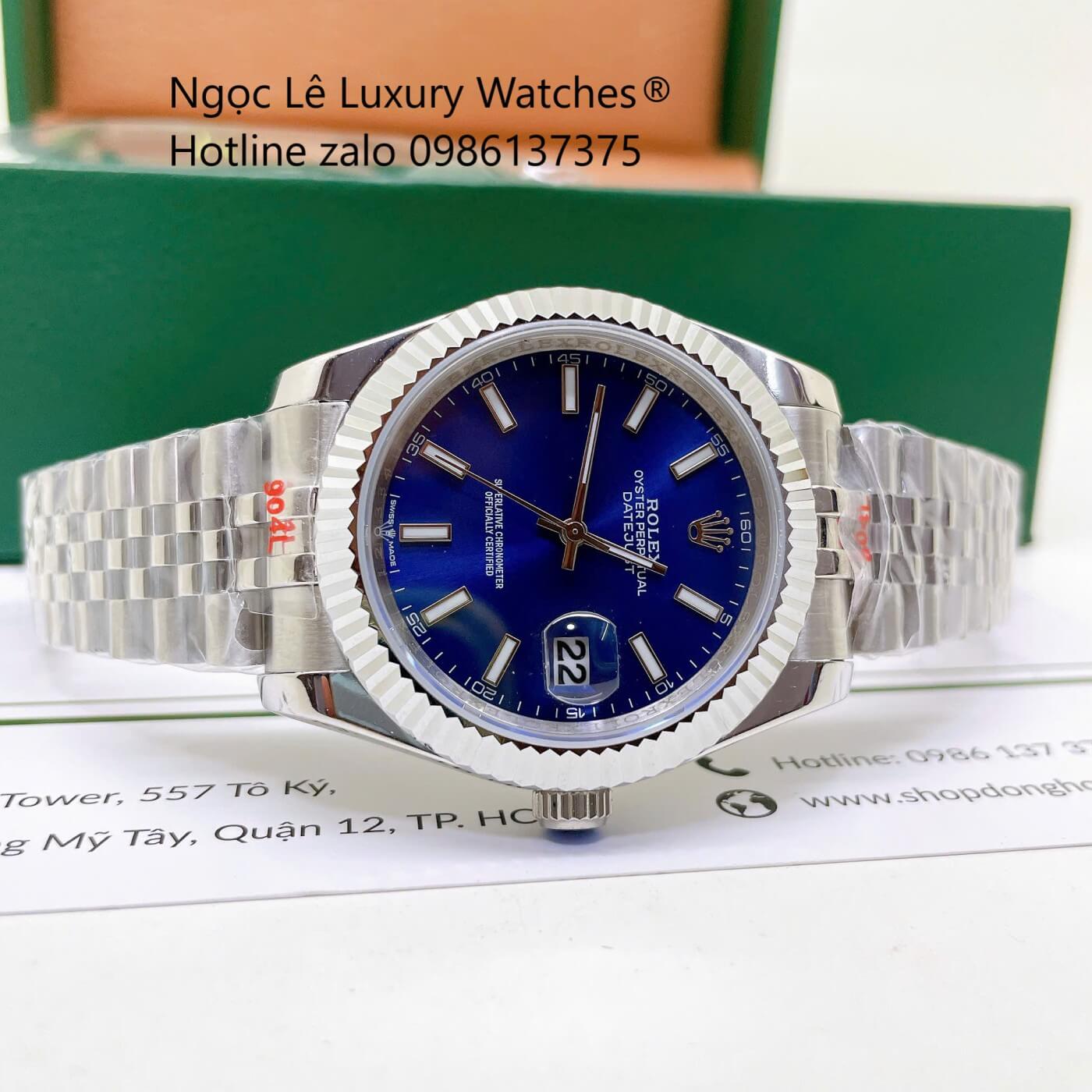 Đồng Hồ Cặp Rolex Datejust Dây Thép Bạc Mặt Xanh Dương Size 31mm - 41mm Quartz Niềng Khía Vạch Phản Quang