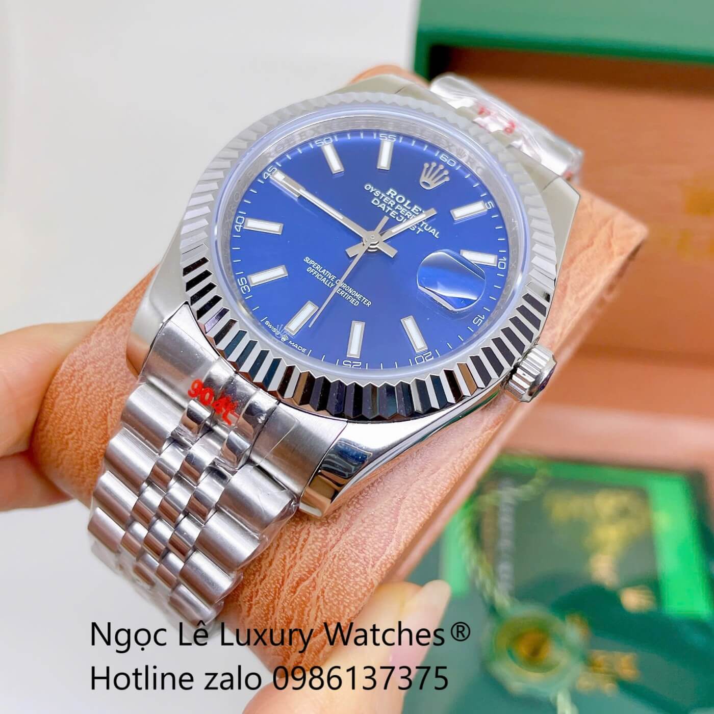Đồng Hồ Rolex Datejust Nam Dây Thép Bạc Mặt Xanh Dương Size 41mm Quartz - Niềng Khía Vạch Phản Quang