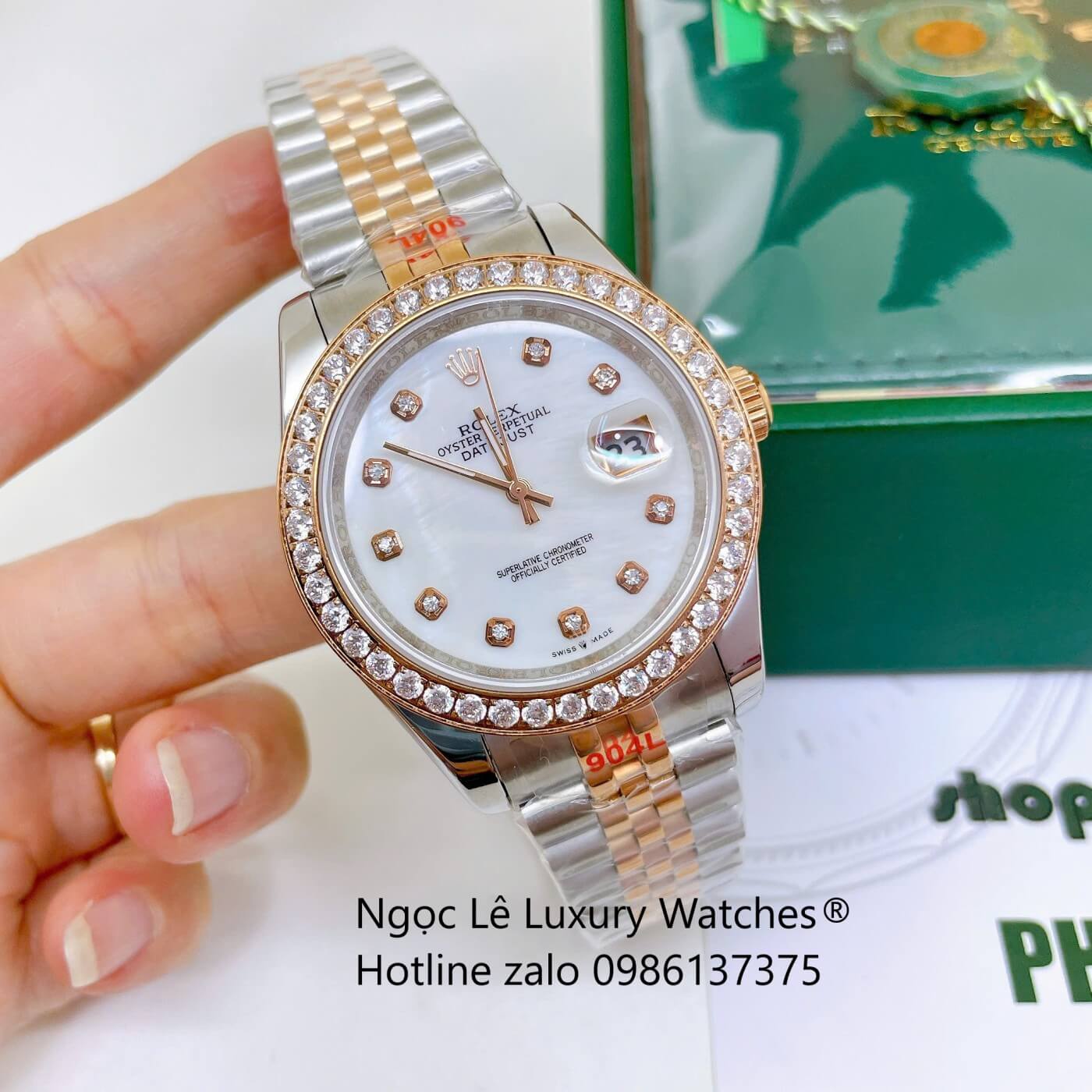 Đồng Hồ Rolex Datejust Nam Dây Thép Demi Rose Mặt Trắng Xà Cừ Đính Đá Size 41mm - Quartz