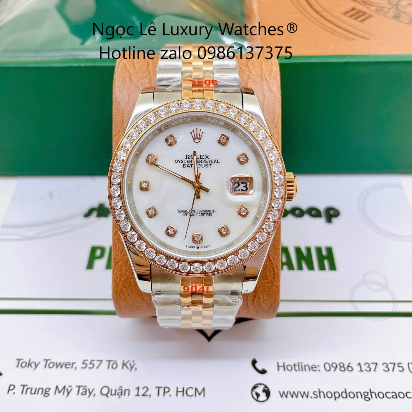 Đồng Hồ Cặp Rolex Datejust Dây Thép Demi Rose Mặt Xà Cừ Trắng Niềng Đính Đá Size 41mm - 31mm - Quartz
