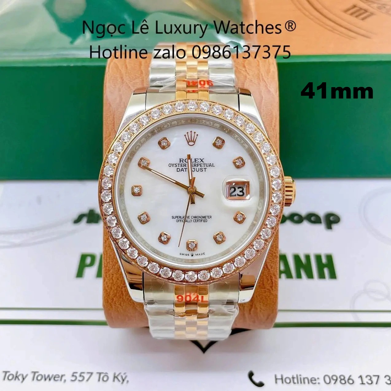 Đồng Hồ Rolex Datejust Nam Dây Thép Demi Rose Mặt Trắng Xà Cừ Đính Đá Size 41mm - Quartz