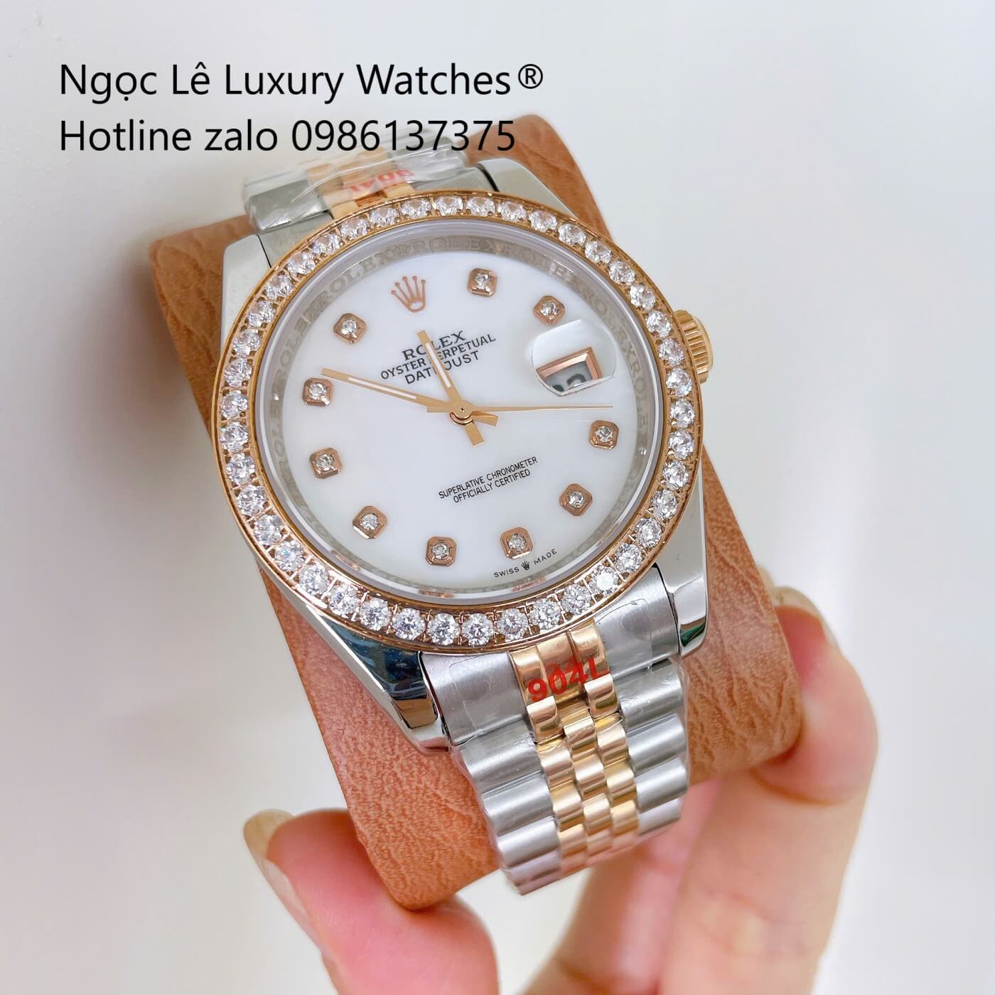 Đồng Hồ Rolex Datejust Nam Dây Thép Demi Rose Mặt Trắng Xà Cừ Đính Đá Size 41mm - Quartz