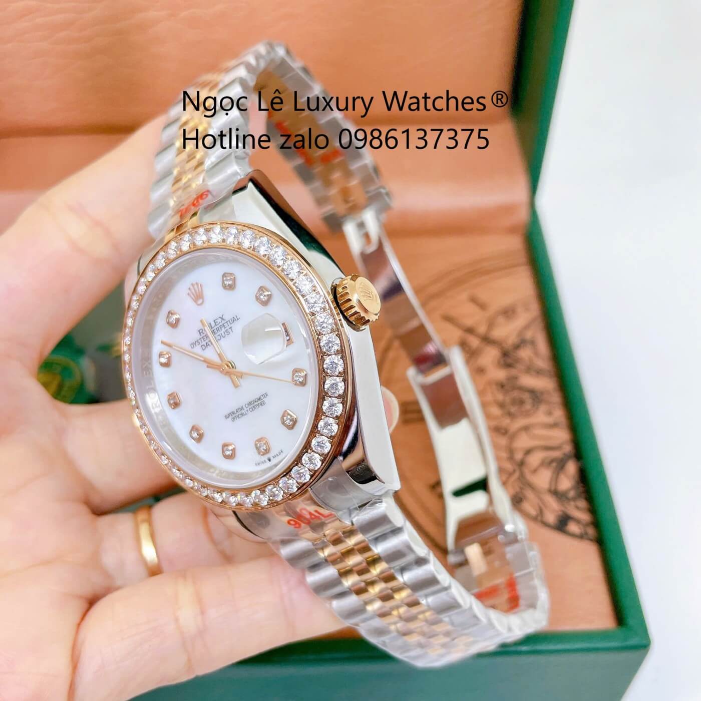 Đồng Hồ Rolex Datejust Nam Dây Thép Demi Rose Mặt Trắng Xà Cừ Đính Đá Size 41mm - Quartz
