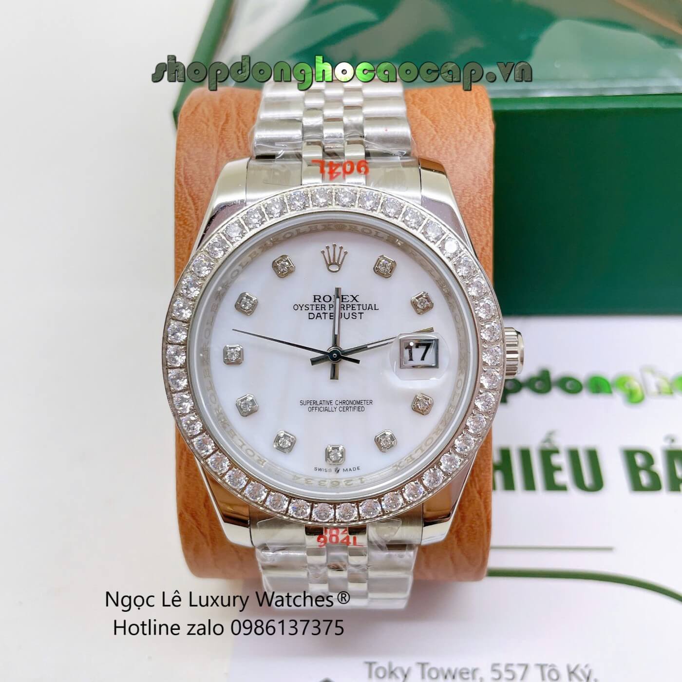 Đồng Hồ Cặp Rolex Datejust Dây Thép Silver Mặt Xà Cừ Trắng Niềng Đính Đá Size 41mm - 31mm - Quartz