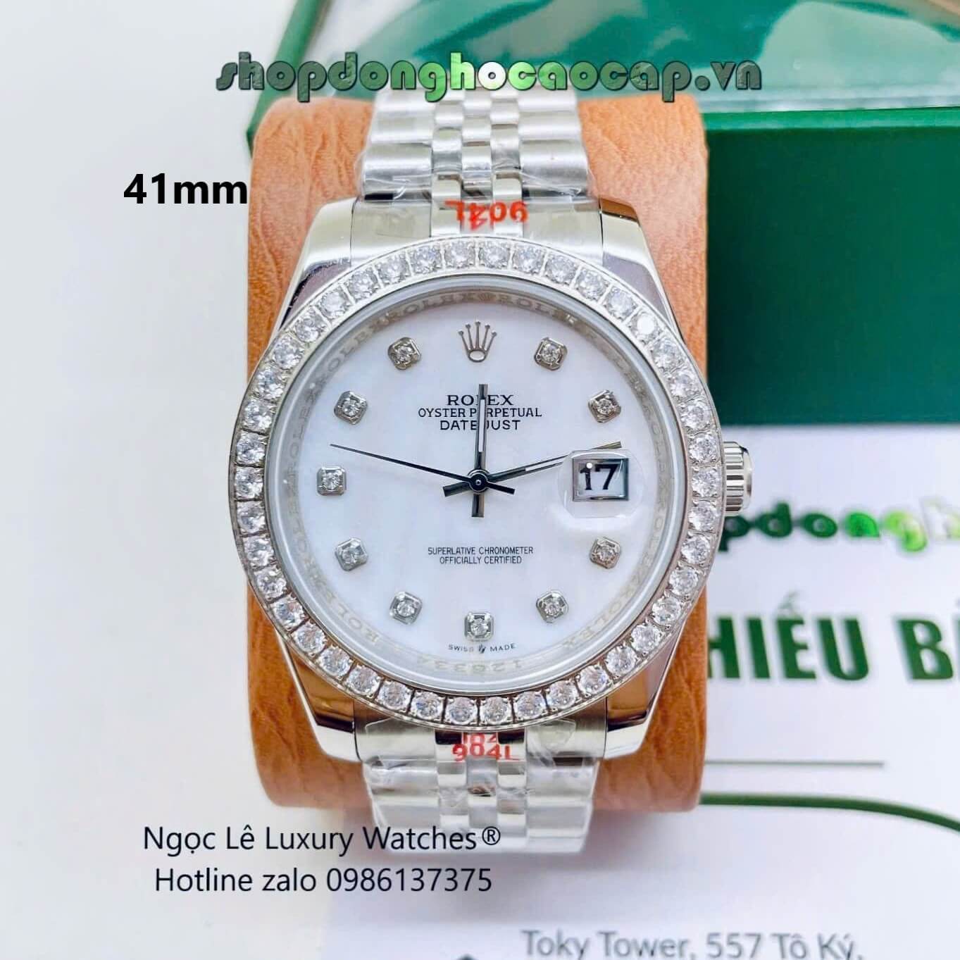 Đồng Hồ Rolex Datejust Nam Dây Thép Silver Mặt Xà Cừ Trắng Đính Đá Size 41mm - Quartz