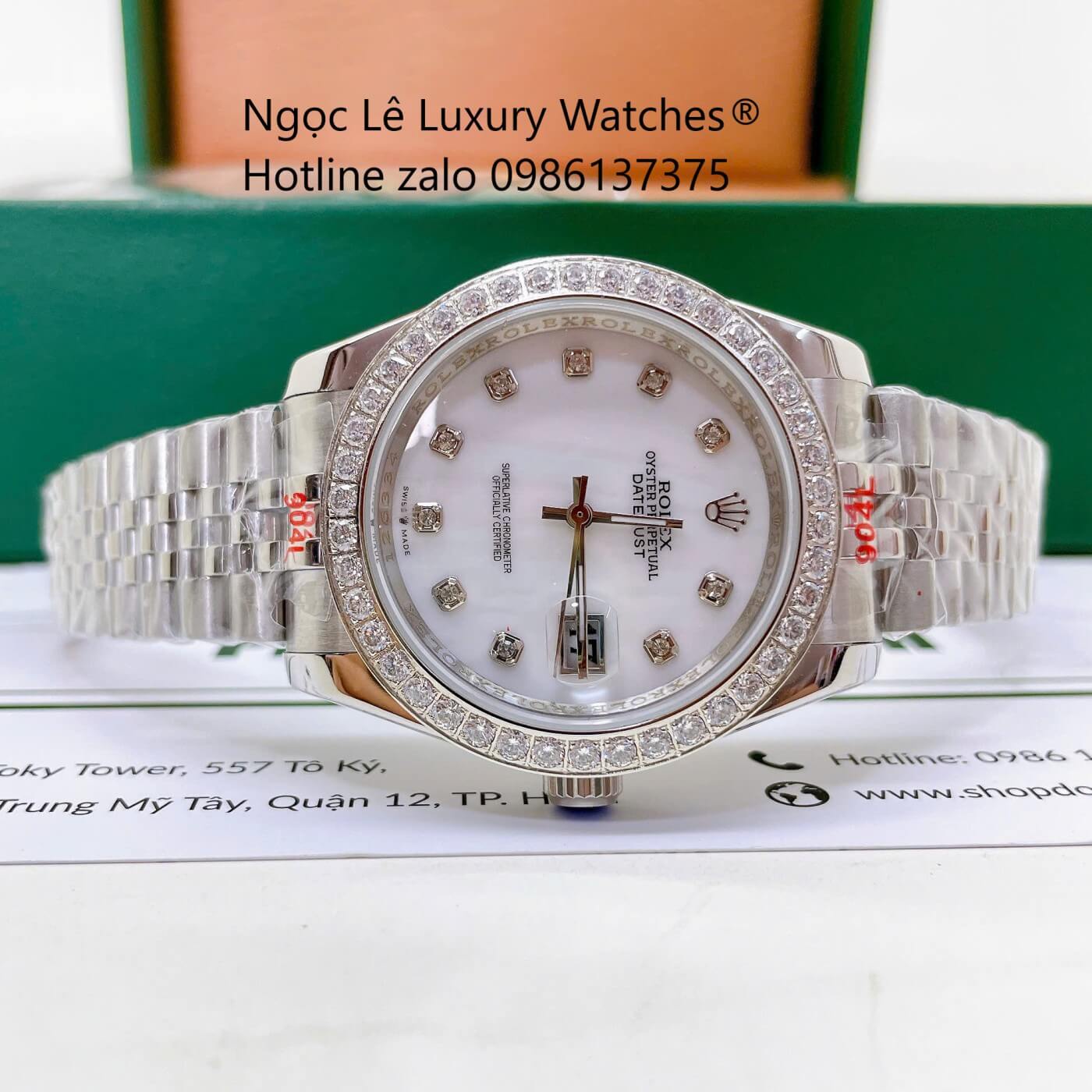 Đồng Hồ Rolex Datejust Nam Dây Thép Silver Mặt Xà Cừ Trắng Đính Đá Size 41mm - Quartz